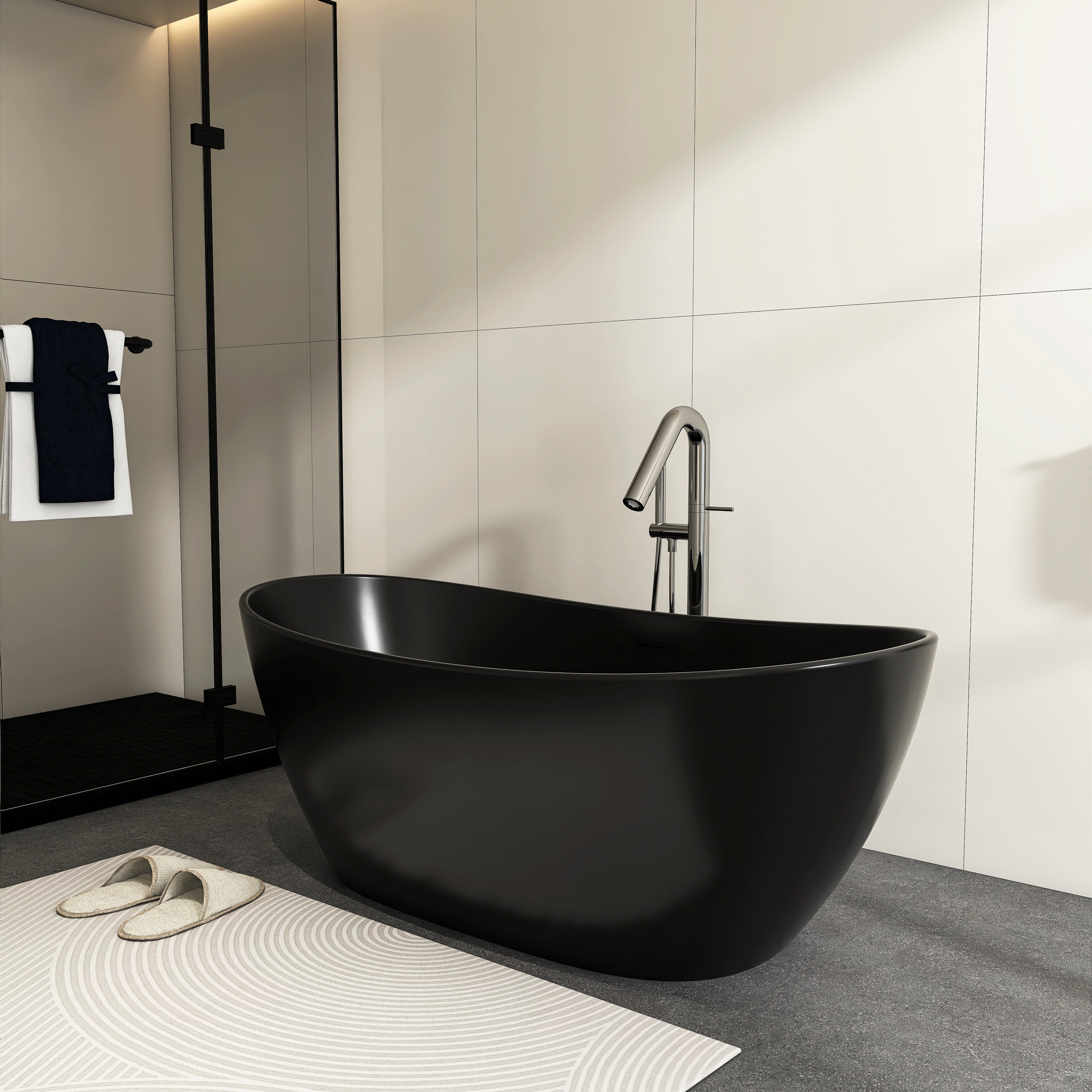 65-inch freestanding solid surface bathtub, angled view