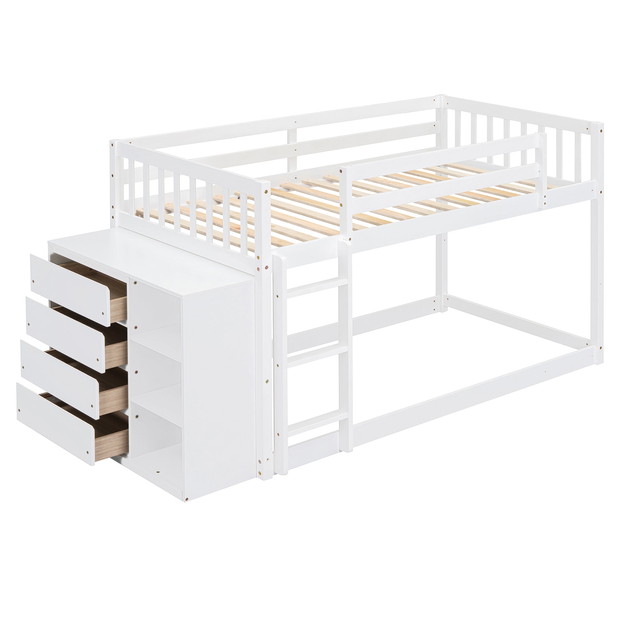 Twin over Twin Bunk Bed with 4 Drawers and 3 Shelves-White