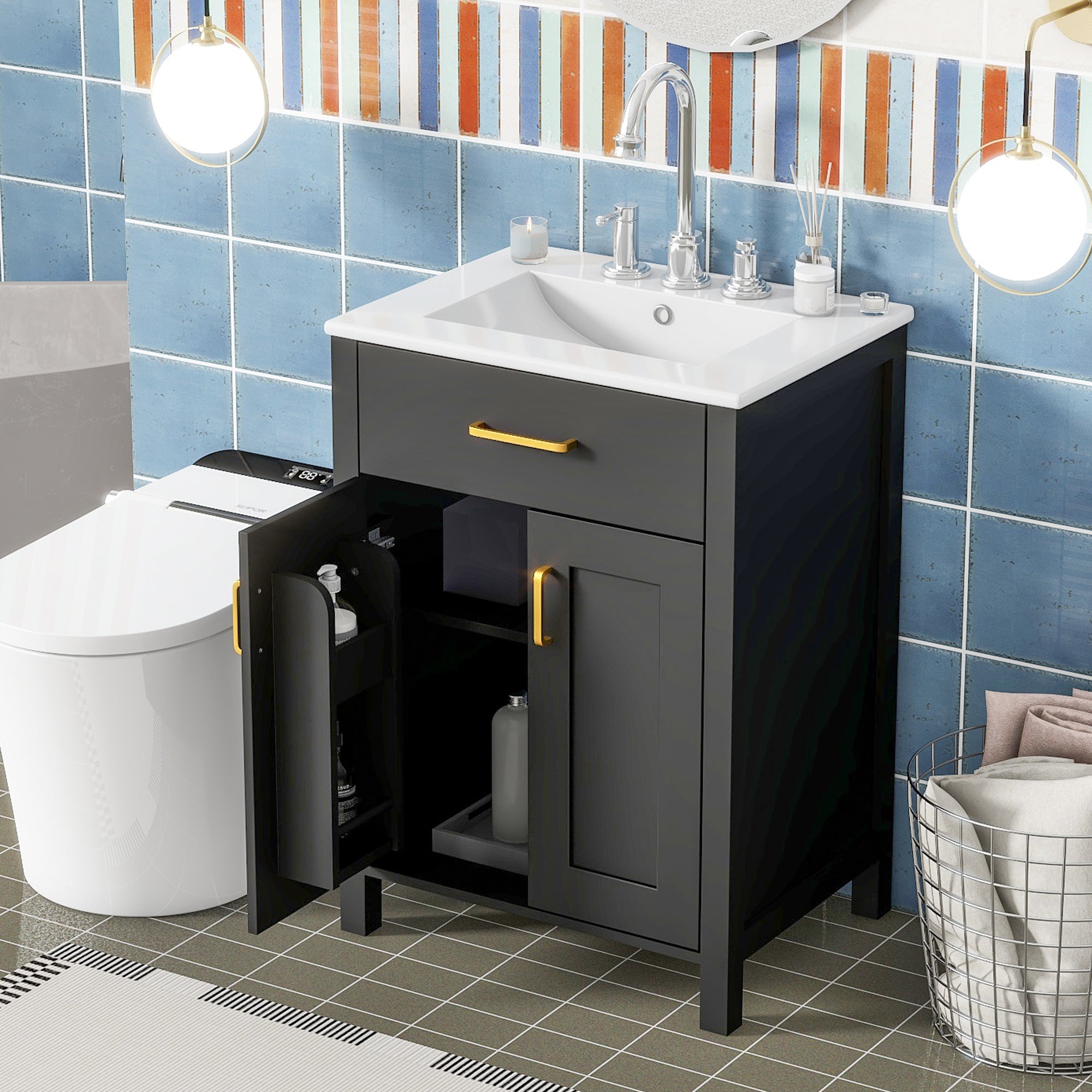 24"Bathroom Vanity Combo with Ceramic sink, Luxurious Space-Saving Vanity - W24"*D18"*H34"inch, 2 Soft Close Doors