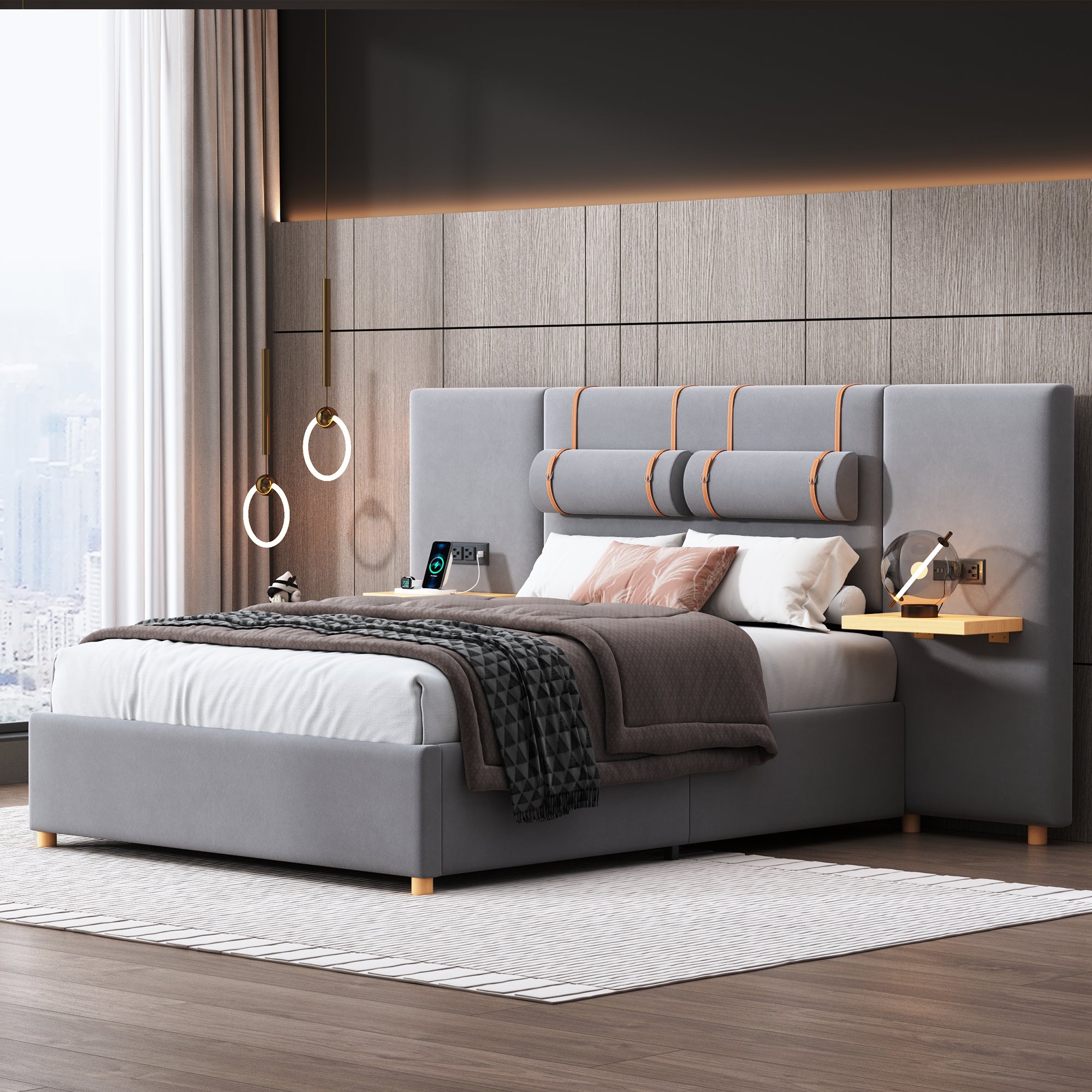 Full size upholstered platform bed with two outlets and USB charging ports on both sides, two bedside pillows, storage shelf, Velvet,Gray