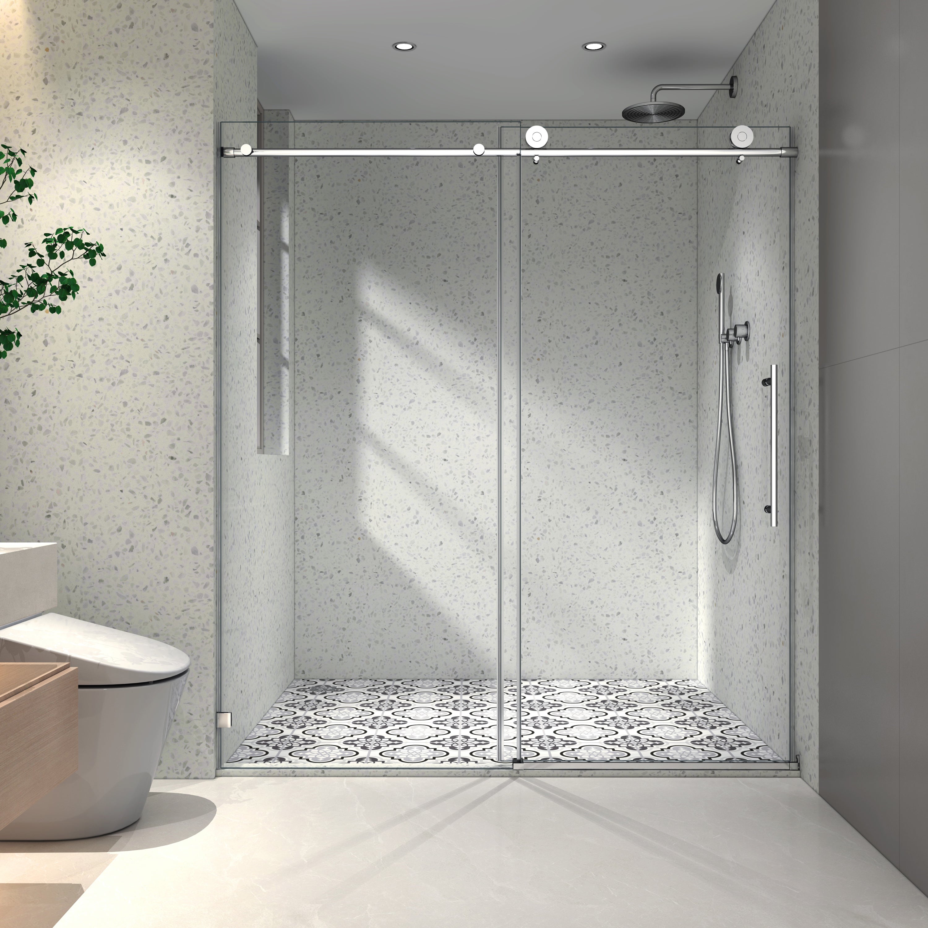 4876 Chrome frameless one fixed and one shifted Shower Door, 70MM 304 stainless steel large pulleys with adjustable soft closing function,with nano easy cleaning and stick explosion-proof menbrance