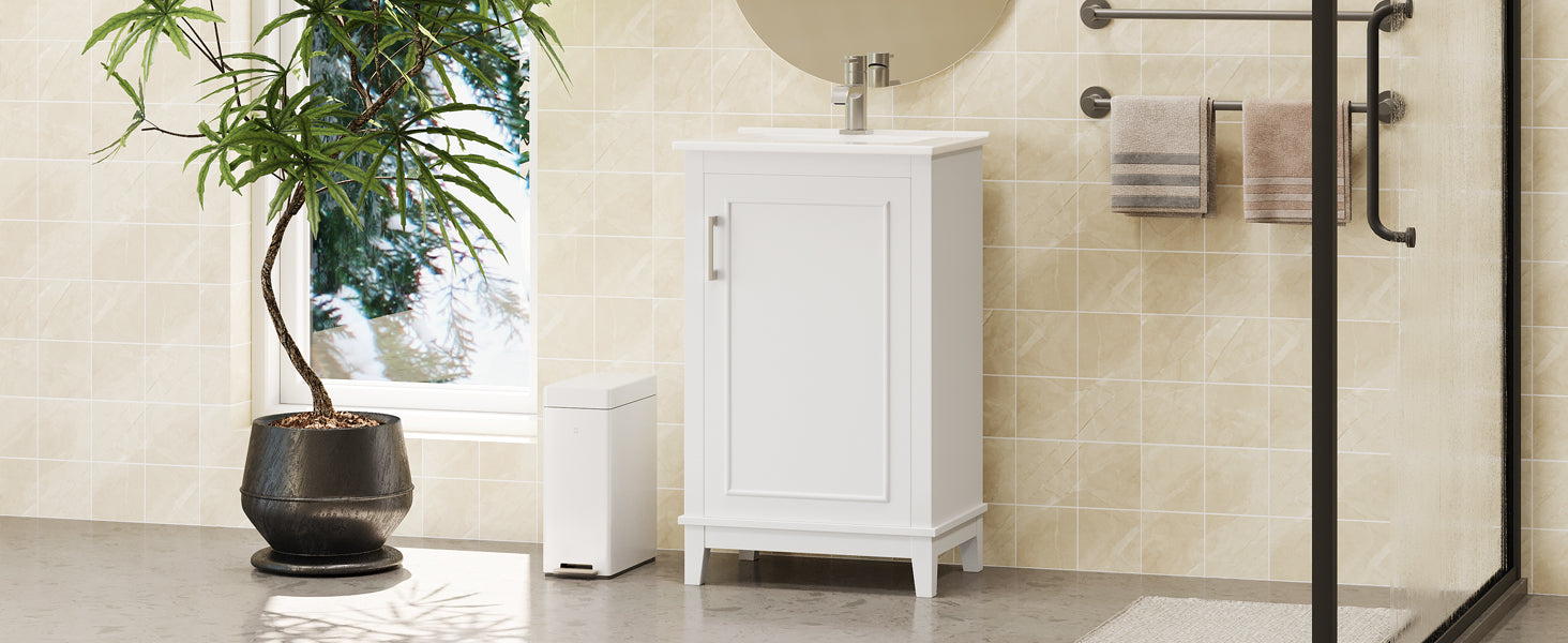 [Viedo] 20 Inch Modern Small Bathroom Vanity Cabinet With Ceramic Basin- 20*14.5*33.3 Inches,Ample Storage,1 Soft-Close Door