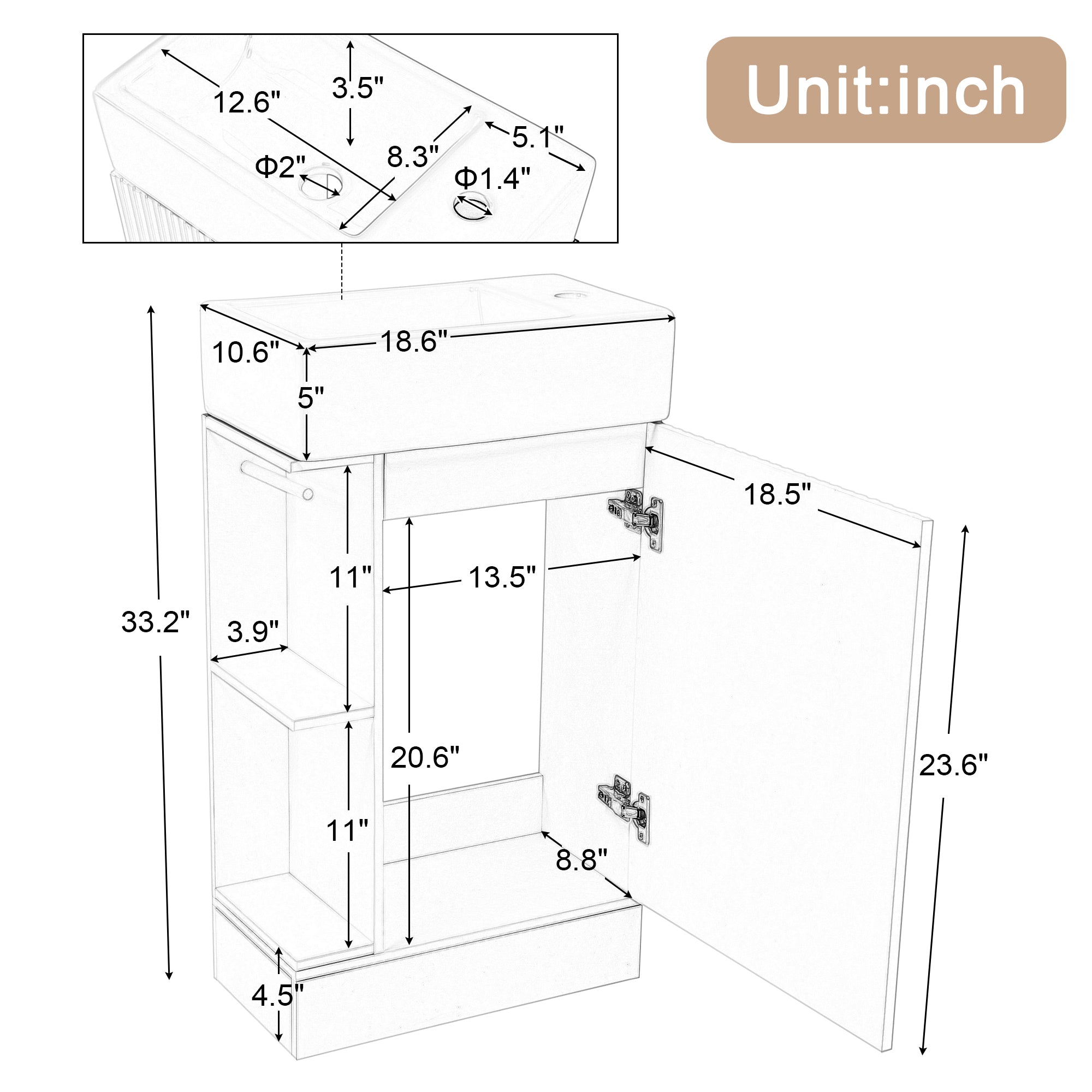 18.6" Bathroom Vanity with Sink, Bathroom Vanity Cabinet with Two-tier Shelf, Left or Right Orientation, Grey