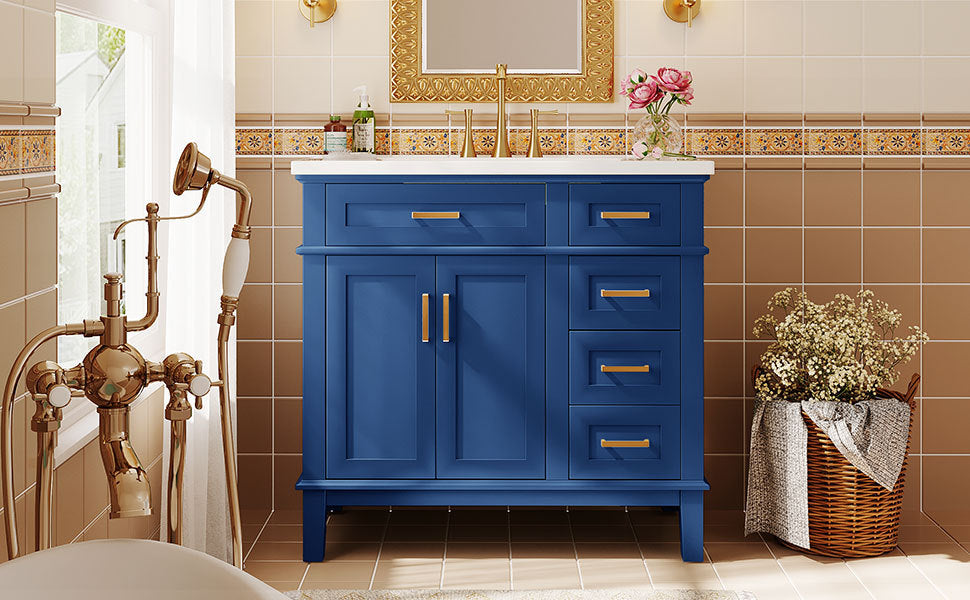 36-inch Bathroom Vanity with Resin Sink, Modern Bathroom Cabinet in Blue, Featuring Two Soft Close Doors and Four Drawers