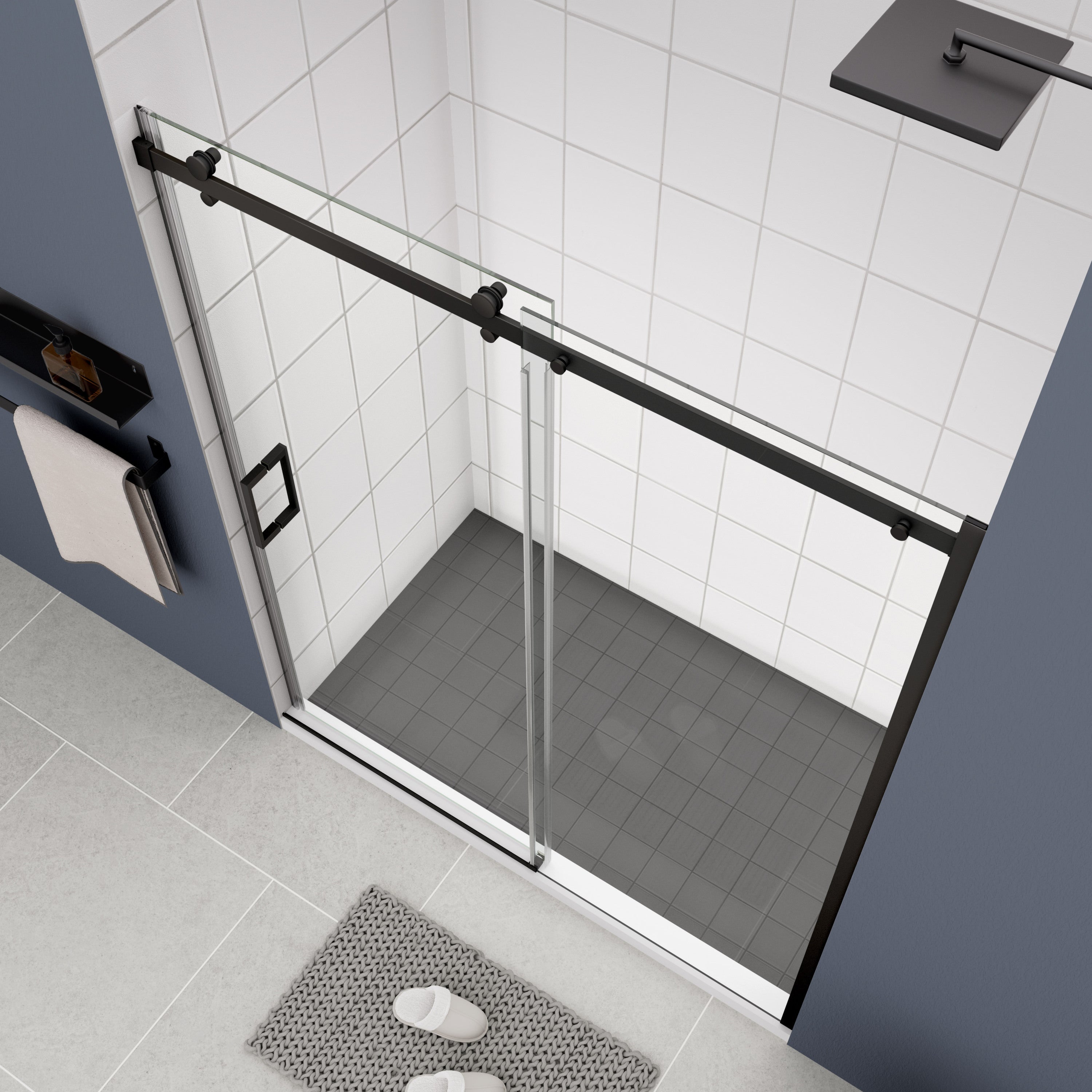 60"W x 74"H Glass shower door, sliding door, with 5/16" tempered glass and Matted Black  finish