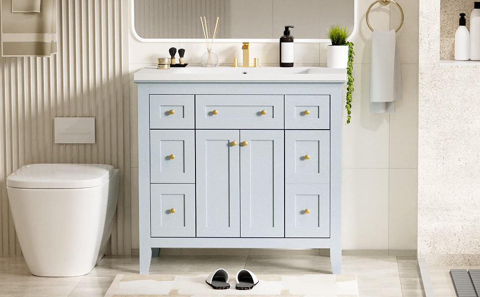 36'' Bathroon Vanity with Resin Sink Combo Set, Modern Freestanding Single Bathroom Cabinet with 6 Drawers & 2 Cabinets, Storage Cabinet for Bathroom, Solid Wood Frame Vanity Set, Light Blue