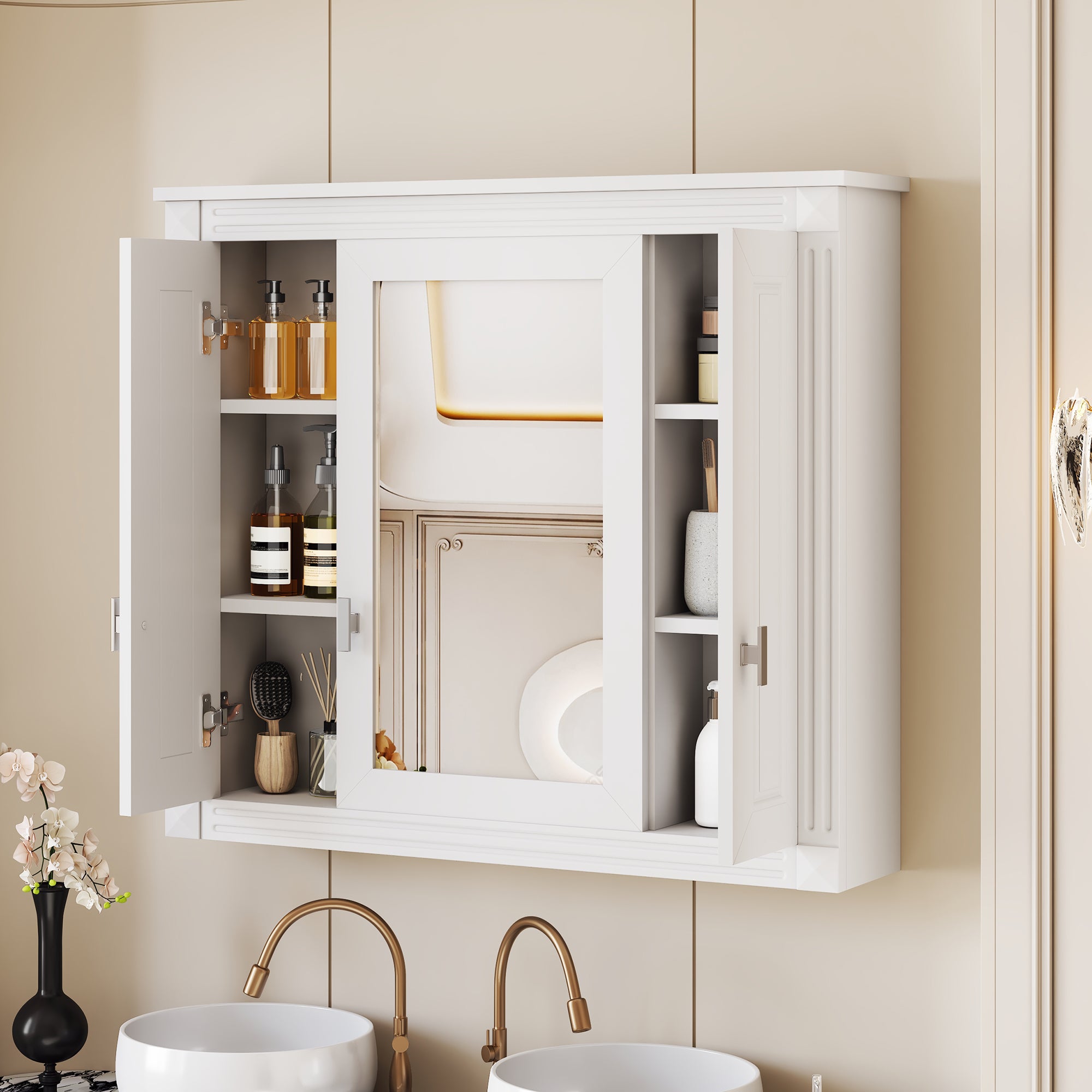 White over-the-toilet medicine cabinet with mirror, angled view