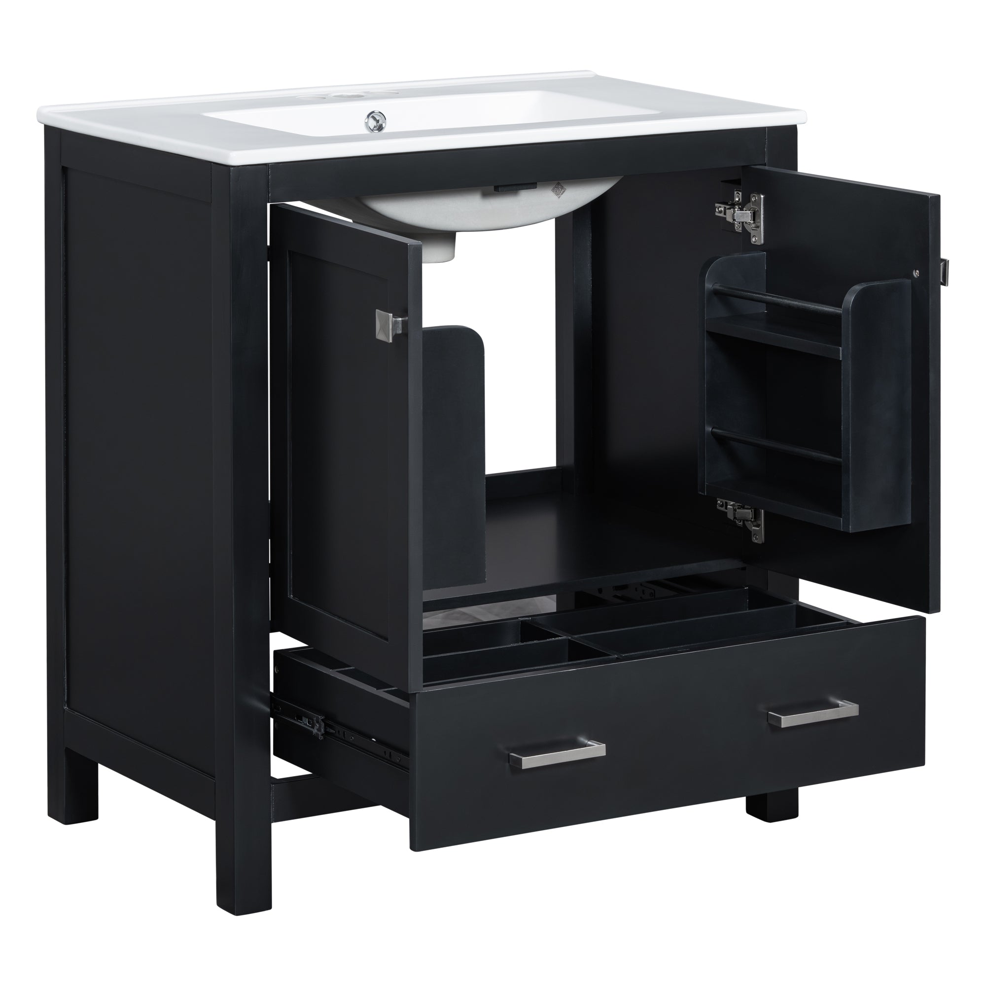 30" Black Bathroom Vanity with Single Sink, Combo Cabinet Undermount Sink, Bathroom Storage Cabinet with 2 Doors and a Drawer, Soft Closing, Multifunctional Storage, Solid Wood Frame