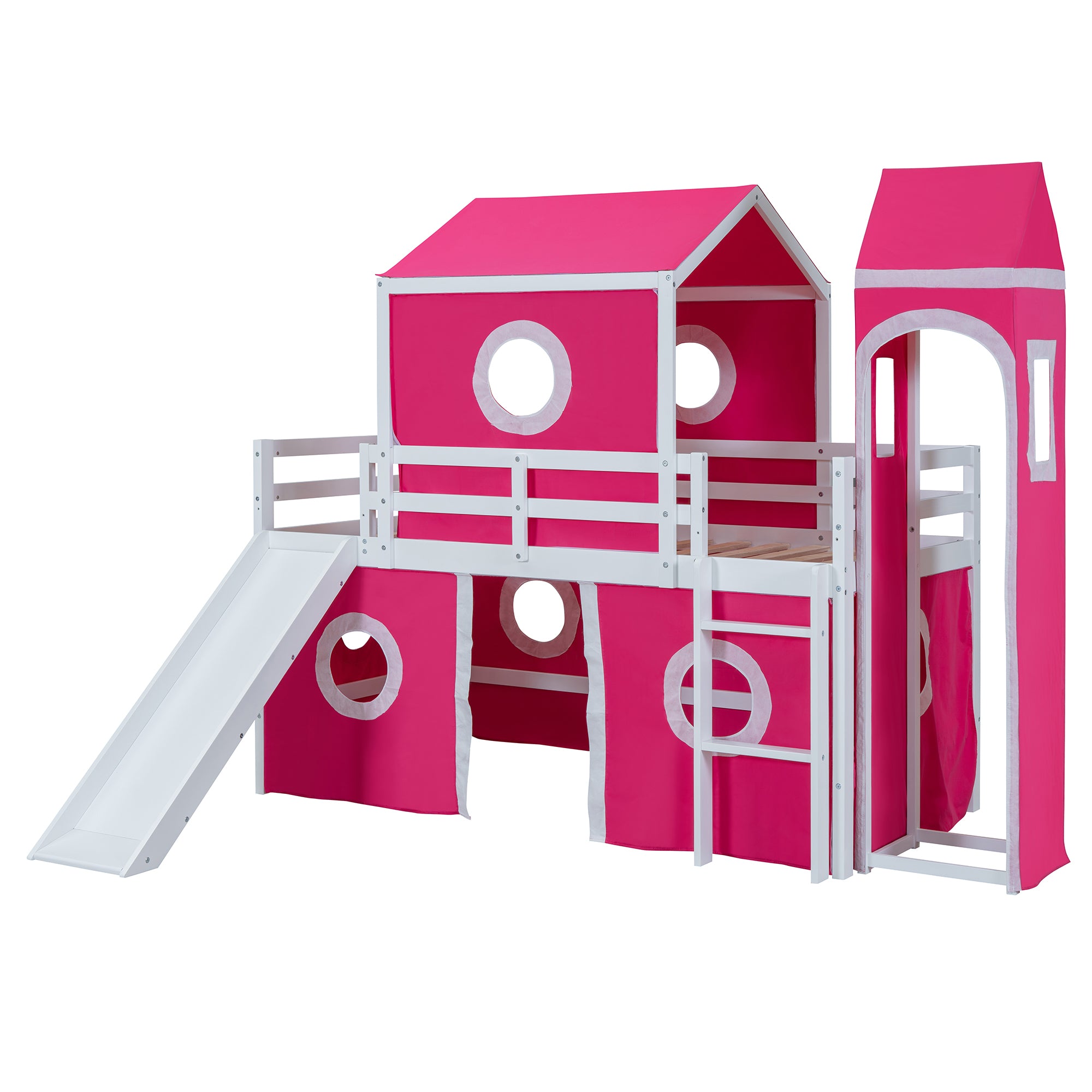 Twin Size Loft  Bed with Slide Pink Tent and Tower - Pink (OLD SKU:WF298769AAH)