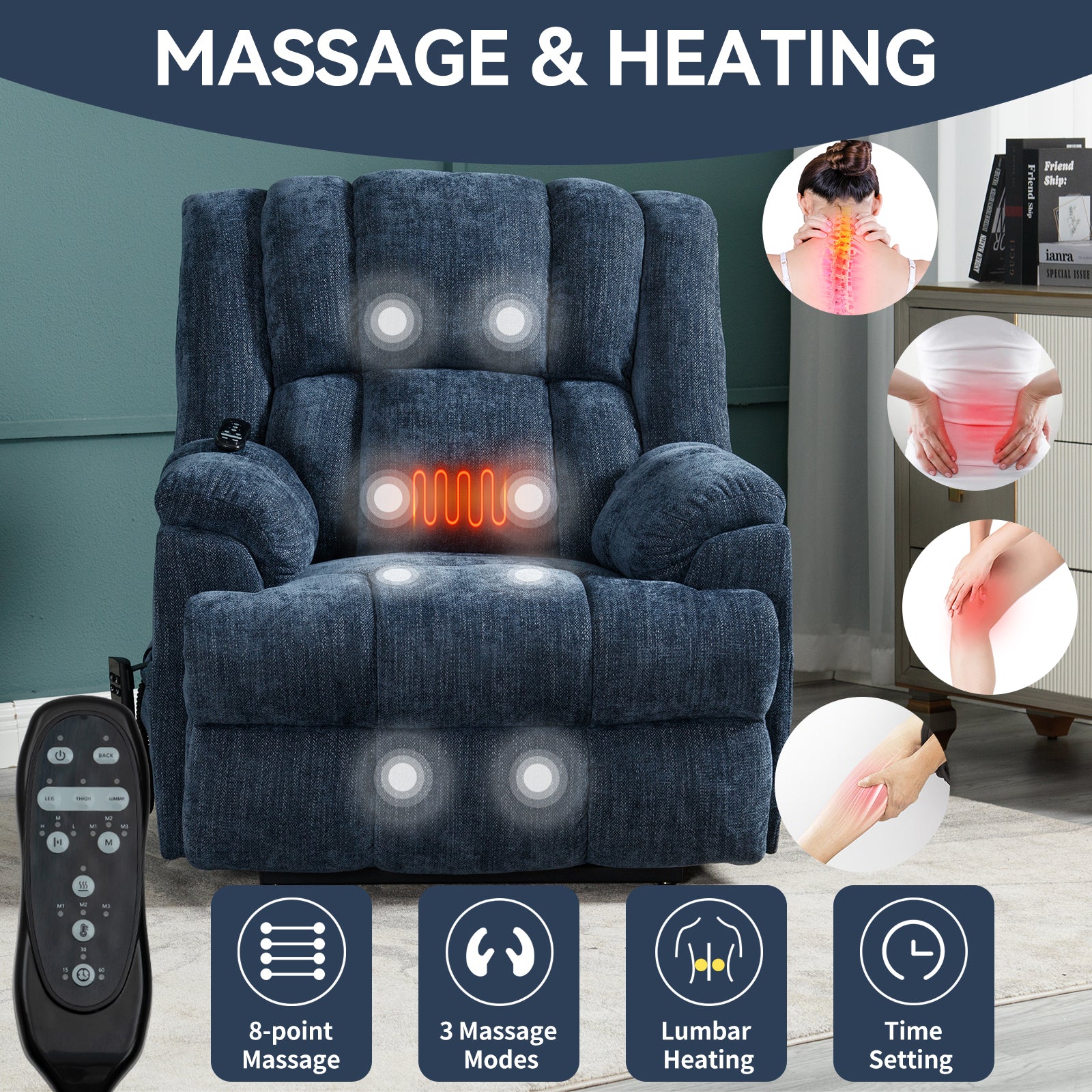 Dual Motor Heat Massage Infinite Position Up to 350 LBS Electric Power Lift Recliners with Power-Remote, Medium-firm and Heavy Duty, Blue