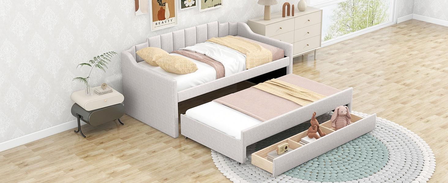 Twin Size Upholstered Daybed with Trundle and Three Drawers,Beige