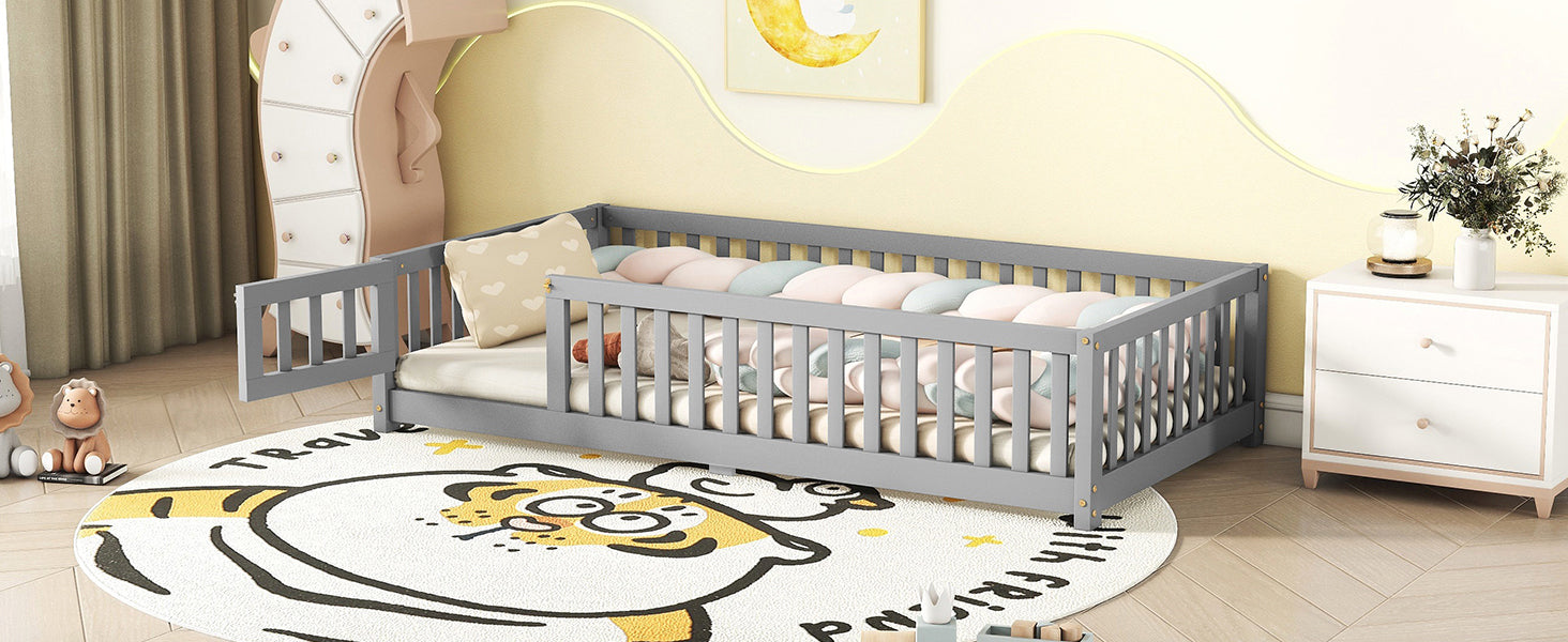 Twin Size Bed Floor Bed with Safety Guardrails and Door for Kids, Gray(Old SKU: W158090685)