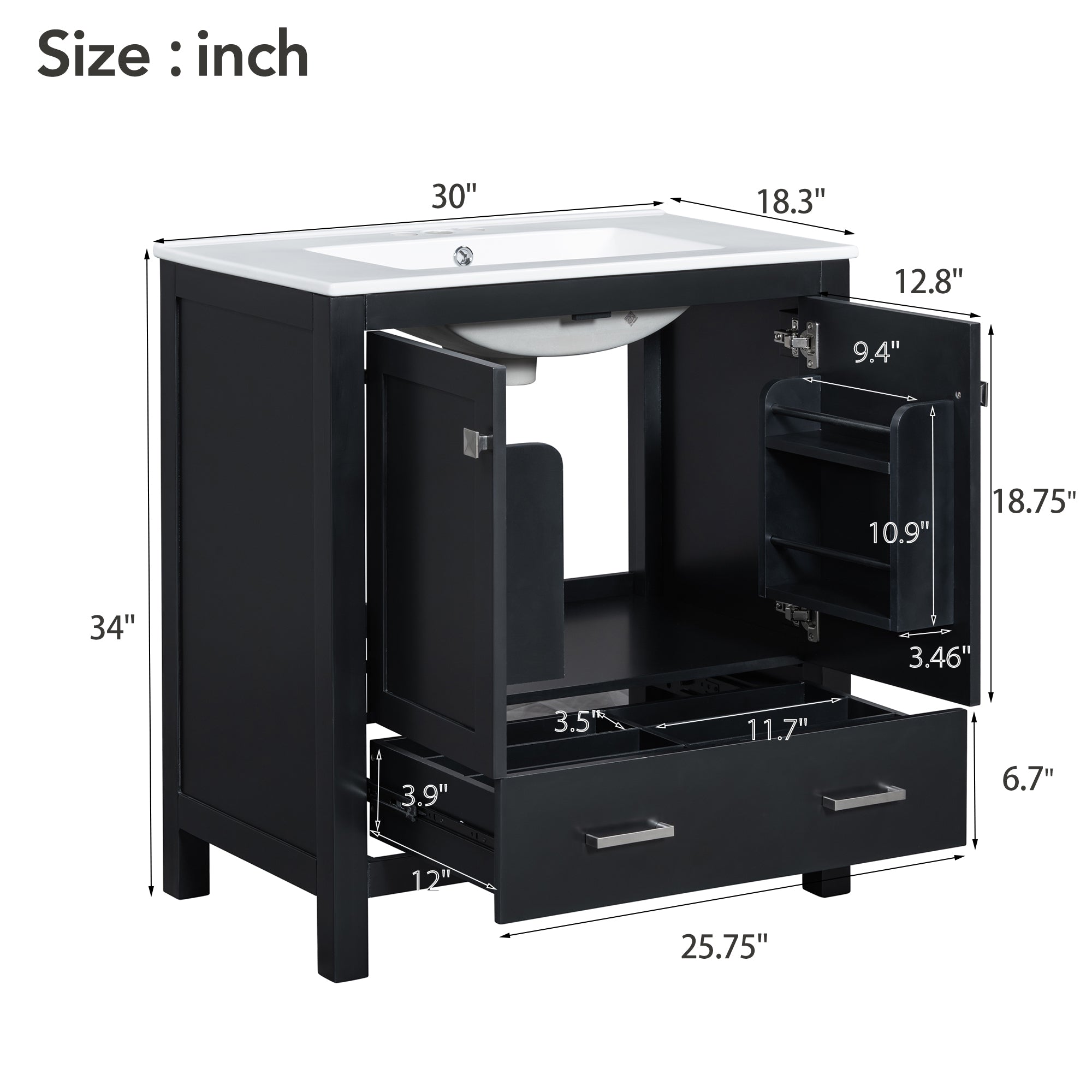 30" Black Bathroom Vanity with Single Sink, Combo Cabinet Undermount Sink, Bathroom Storage Cabinet with 2 Doors and a Drawer, Soft Closing, Multifunctional Storage, Solid Wood Frame