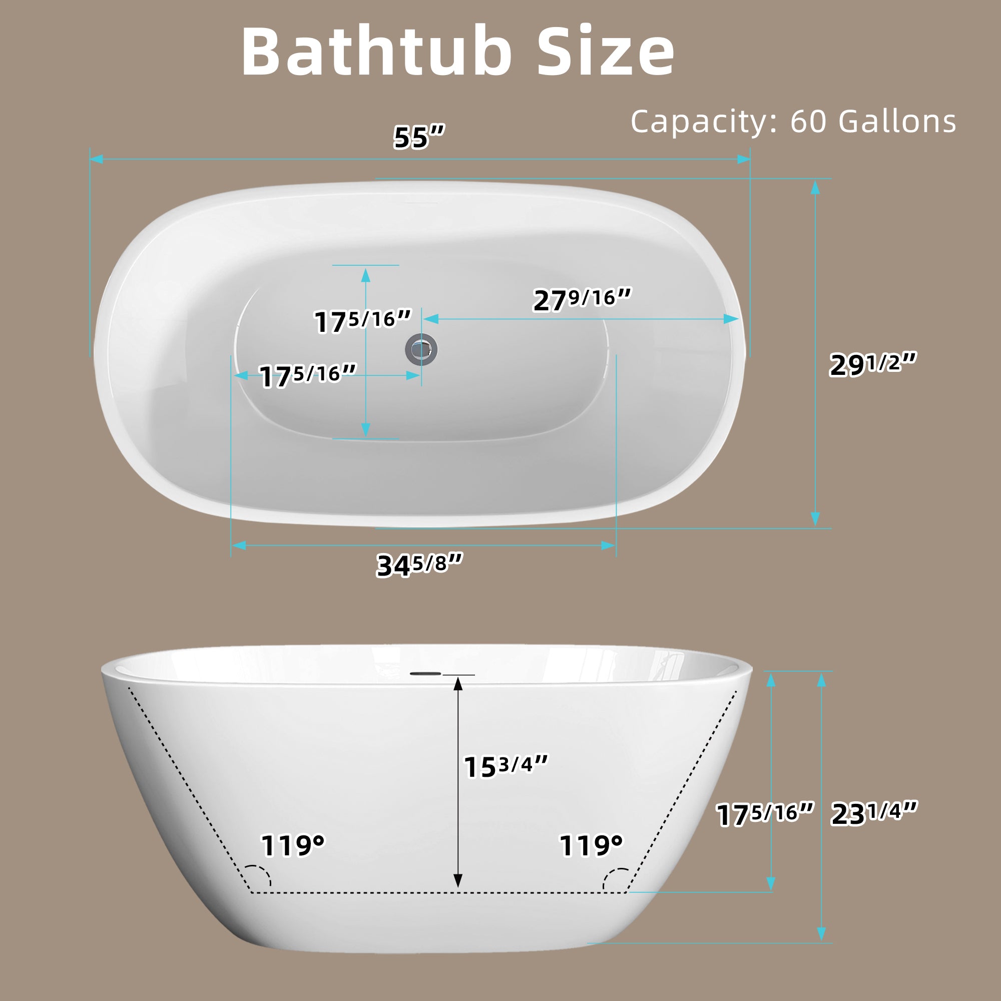 55" Acrylic Freestanding Bathtub Contemporary Soaking White Tub with Overflow and Pop-up Drain Matte White