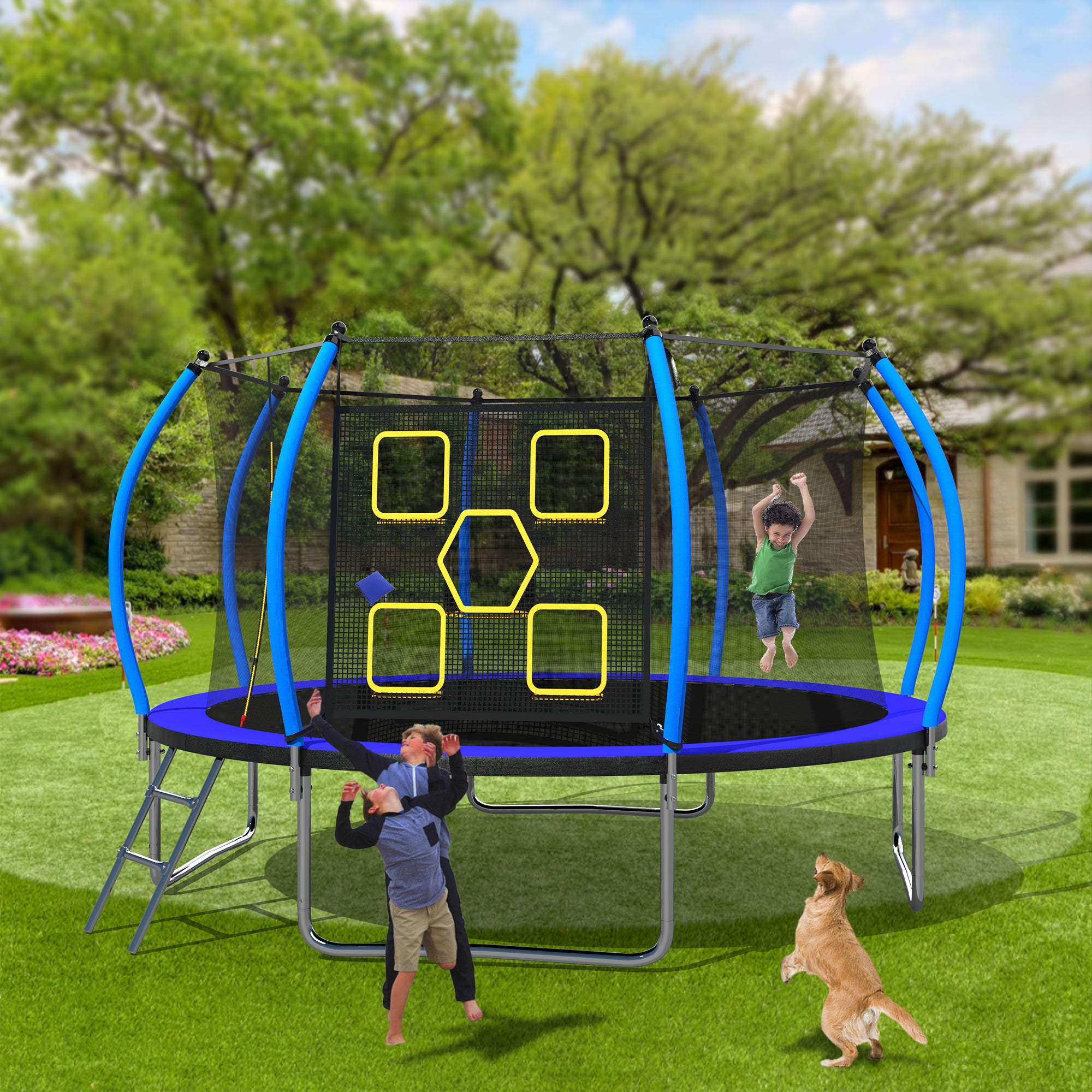 14FT Trampoline with Enclosure - Recreational Trampolines with Ladder, ASTM Approval Outdoor Trampoline for Kids