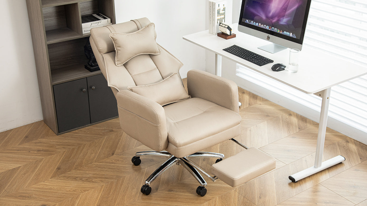 Swivel Ergonomic Office Chair, Technology Leather  High Back Office Chair with Lumbar Support Headrest, Sedentary Comfortable Boss Chair, 155° Reclining Computer Chair (Color : Beige)