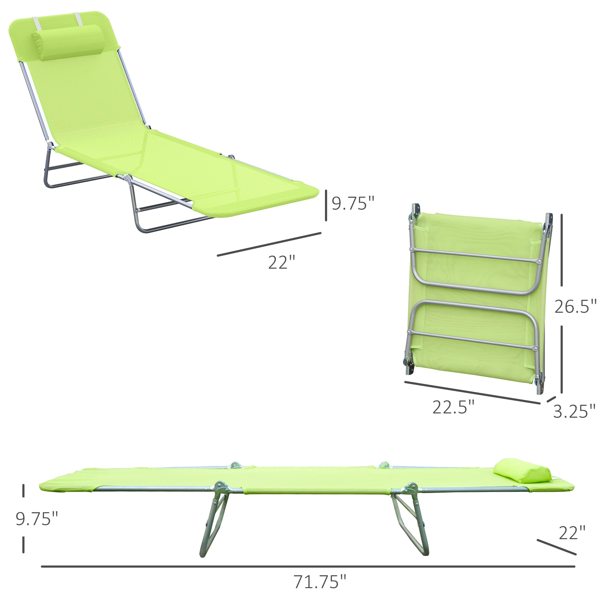 Outsunny Folding Chaise Lounge Pool Chairs, Outdoor Sun Tanning Chairs with Pillow, Reclining Back, Steel Frame & Breathable Mesh for Beach, Yard, Patio,  Green