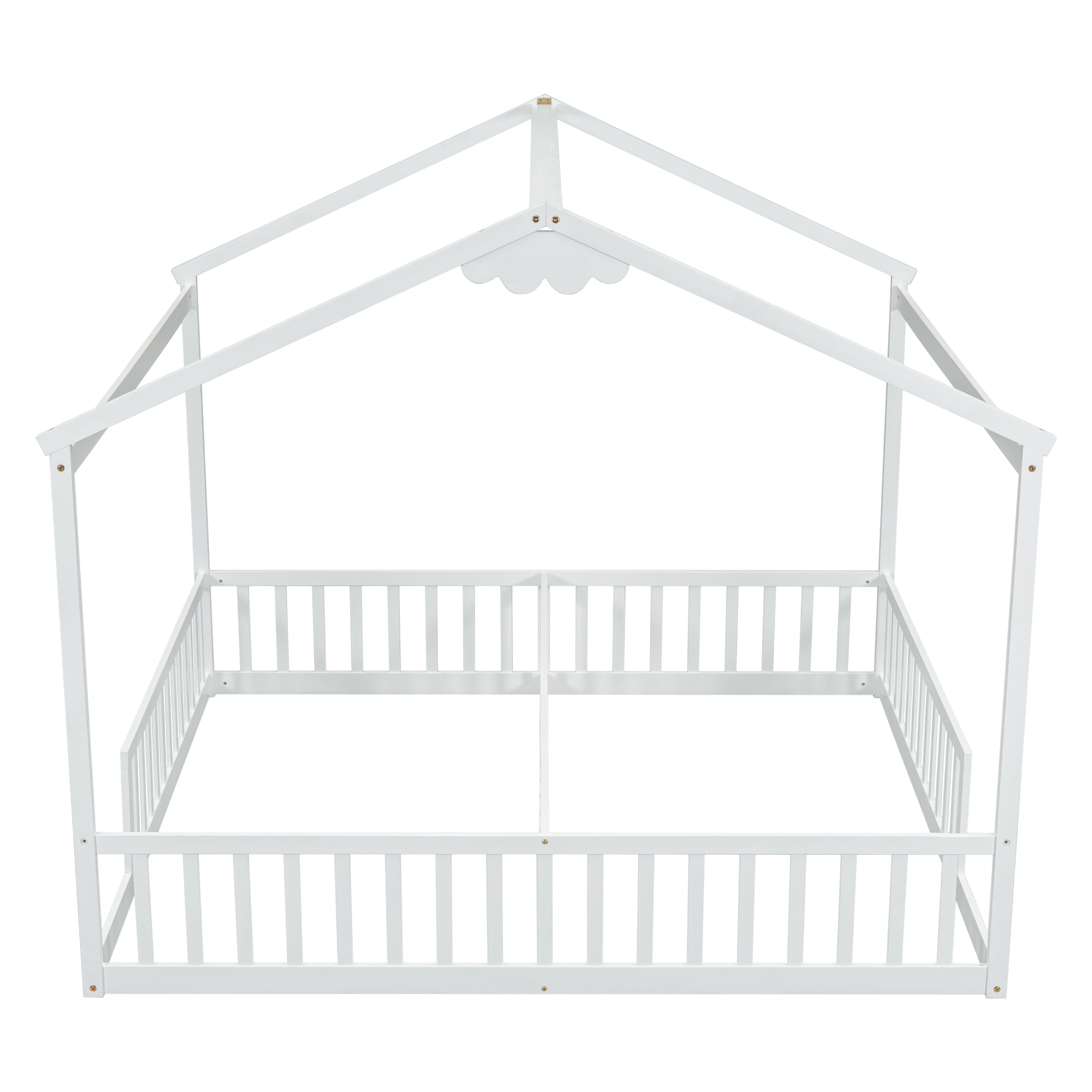 Double Twin House-Style Floor Bed with Fence, Guardrails, without door, White