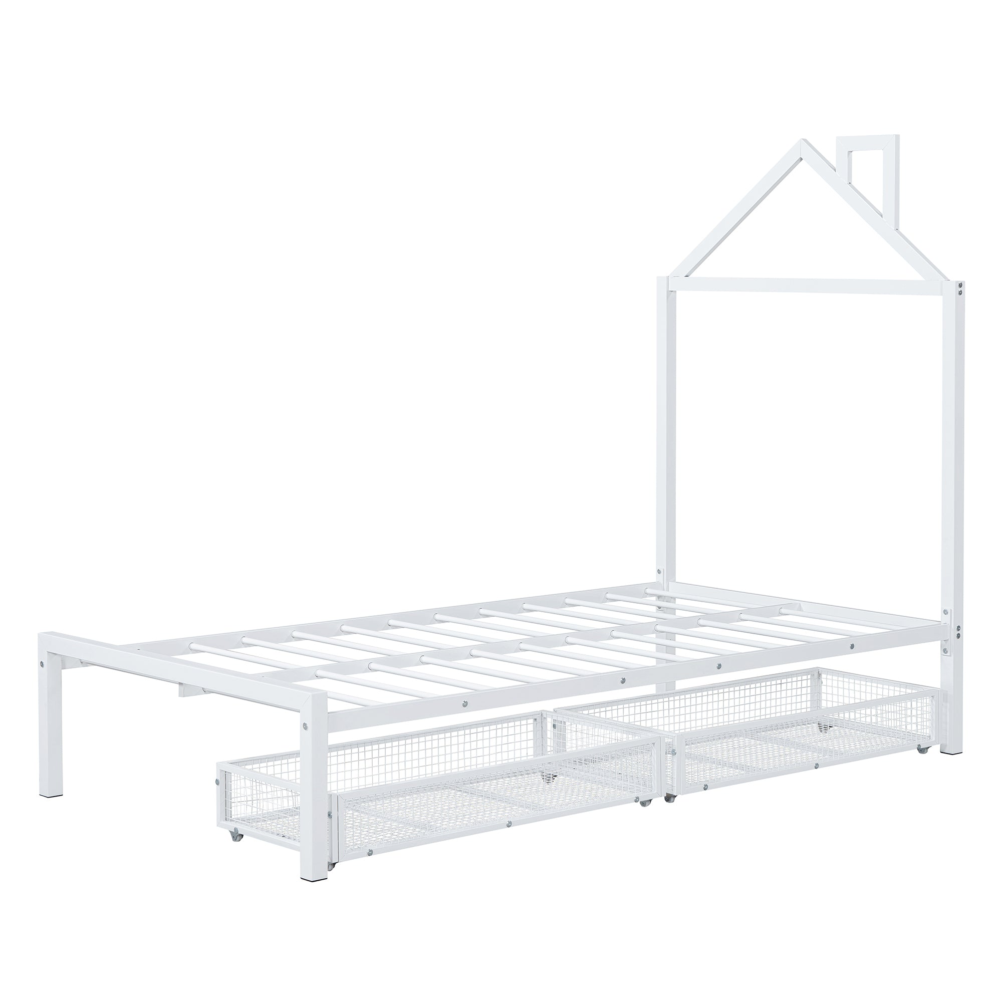 Twin Size Metal Platform Bed with two drawers,House-Shaped Headboard Design, White