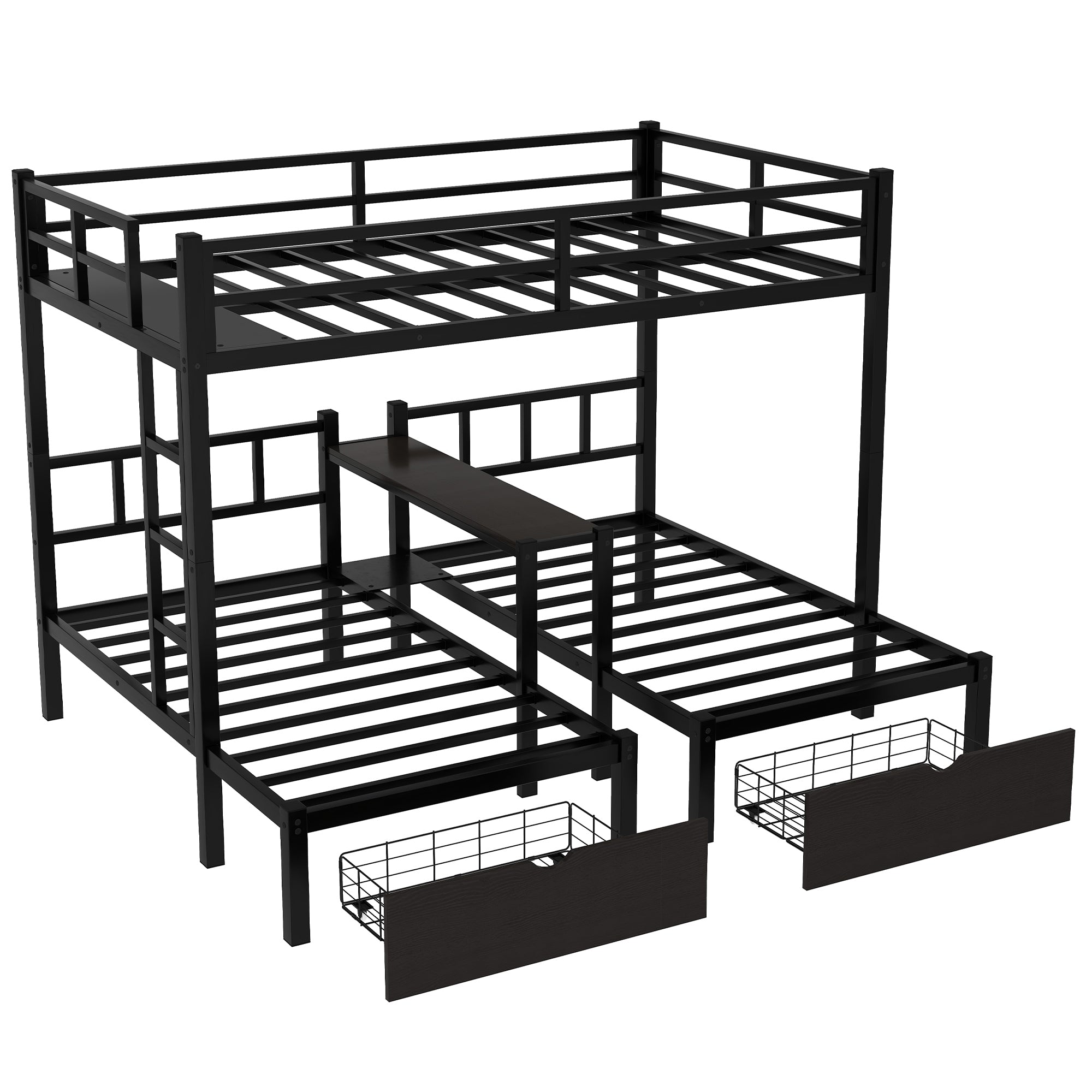 FULL XL Over Twin & Twin Triple Bunk Bed with Drawers, Multi-functional Metal Frame Bed with desks and shelves in the middle, Black