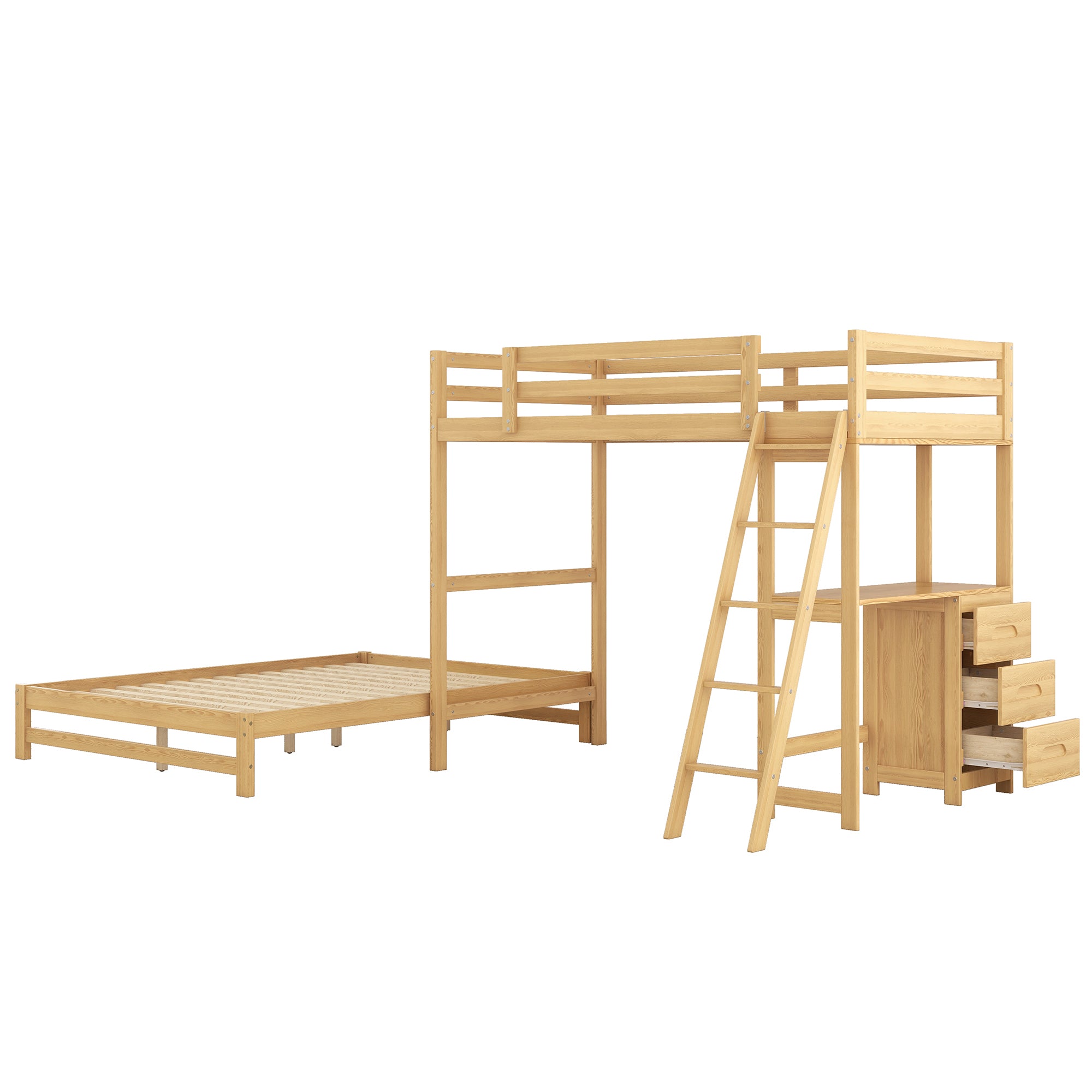 Twin over Full Bunk Bed with Built-in Desk and Three Drawers,Natural(old sku: SM000709AAD)