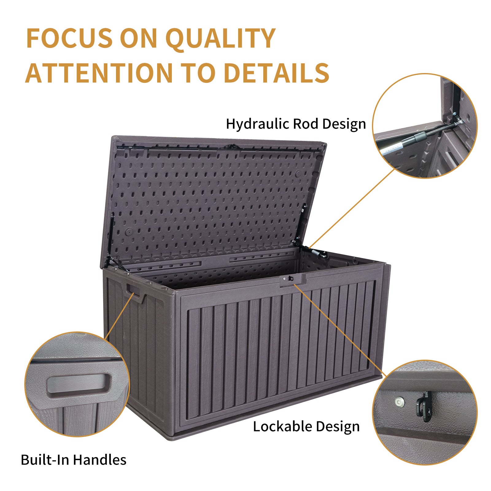 100 Gallon Resin Outdoor Deck Box Waterproof, Plastic Patio Storage Box with Side Handles, Lockable Storage Containers for Patio Furniture Cushions, Pool Accessories, Garden Tools Brown