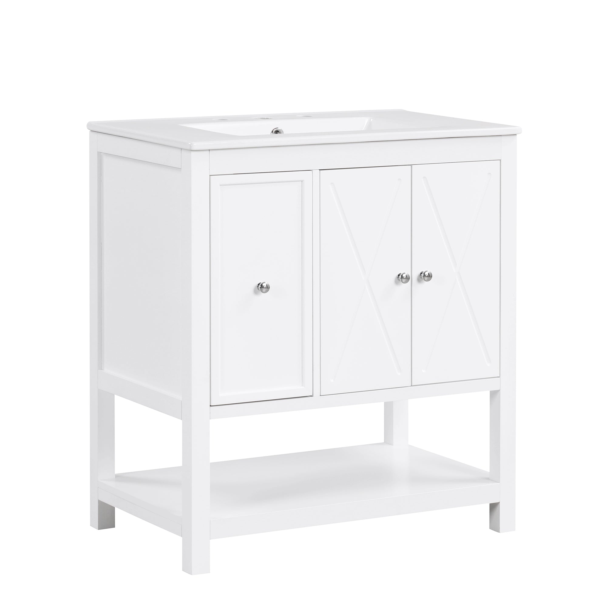 30" Bathroom Vanity with Sink Top, Bathroom Vanity Cabinet with Two Doors and One Drawer, MDF Boards, Solid Wood, One Package, White