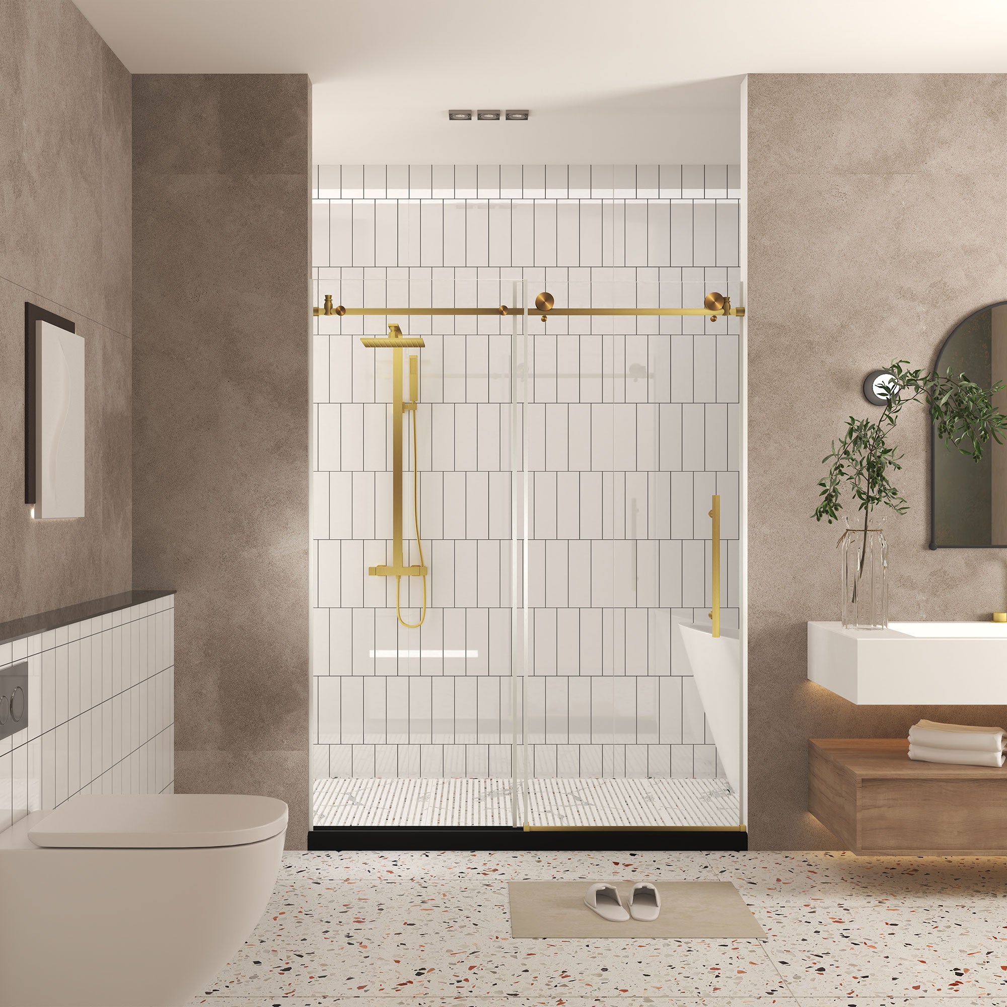 Frameless shower door 44-48 inch brushed gold angled view