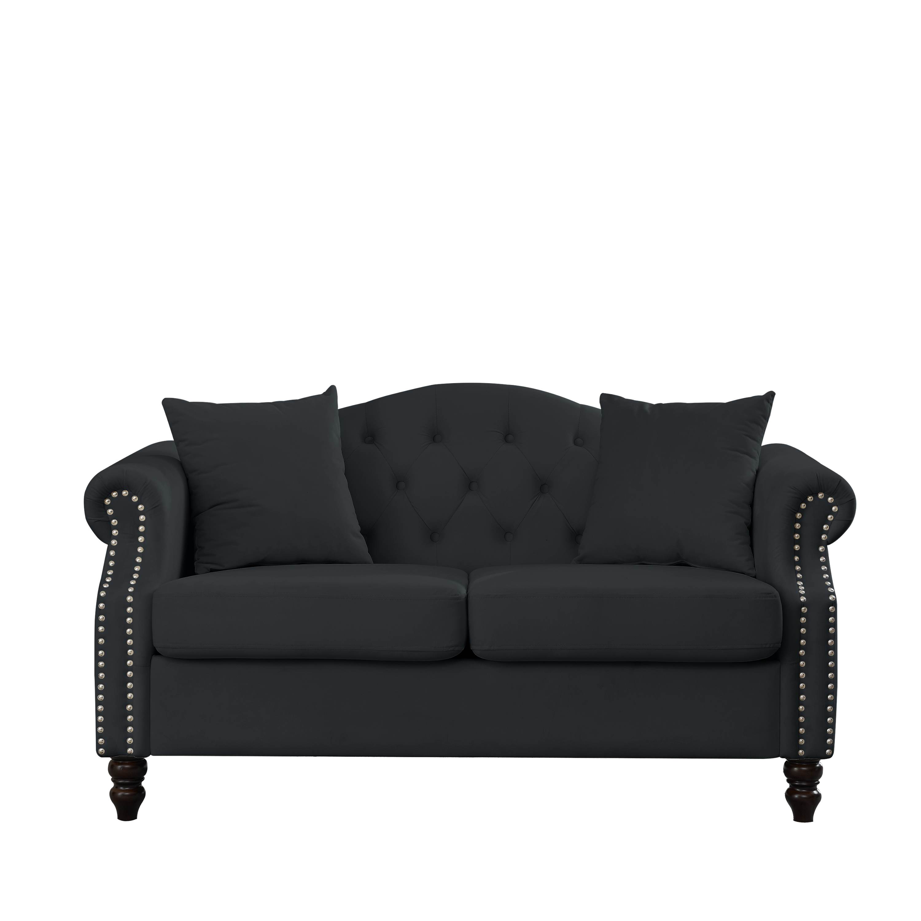 57" Chesterfield Sofa Black Velvet for Living Room, 2 Seater Sofa Tufted Couch with Rolled Arms and Nailhead for Living Room, Bedroom, Office, Apartment, two pillows