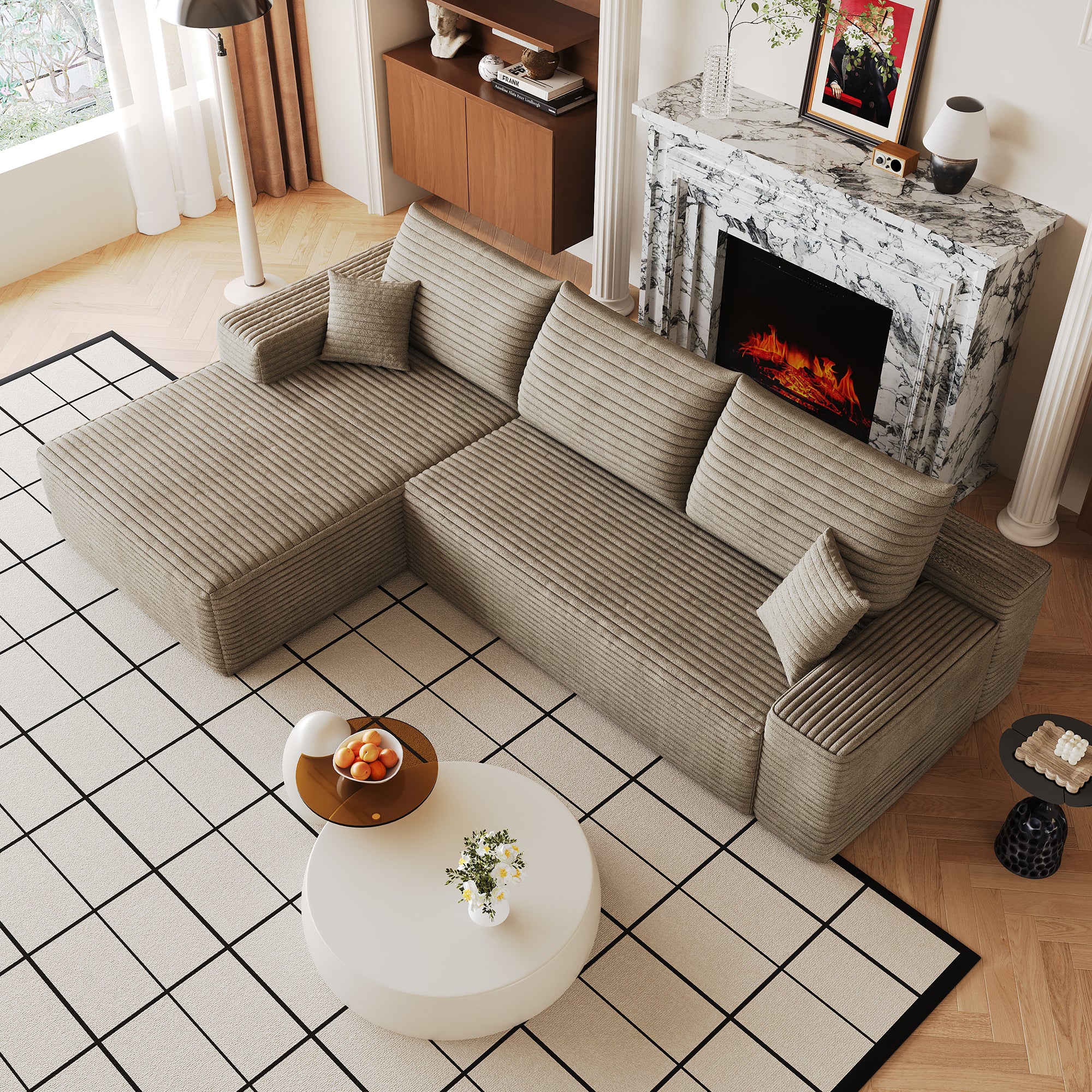 Deep-seat camel corduroy L-shape sofa, side profile