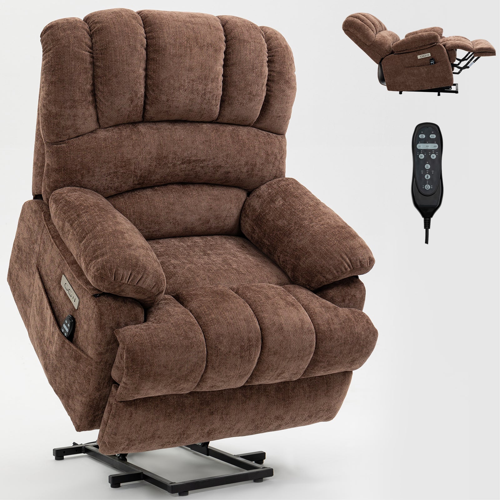 23" Seat Width and High Back Large Size Chenille Power Lift Recliner Chair with 8-Point Vibration Massage and Lumbar Heating, Brown