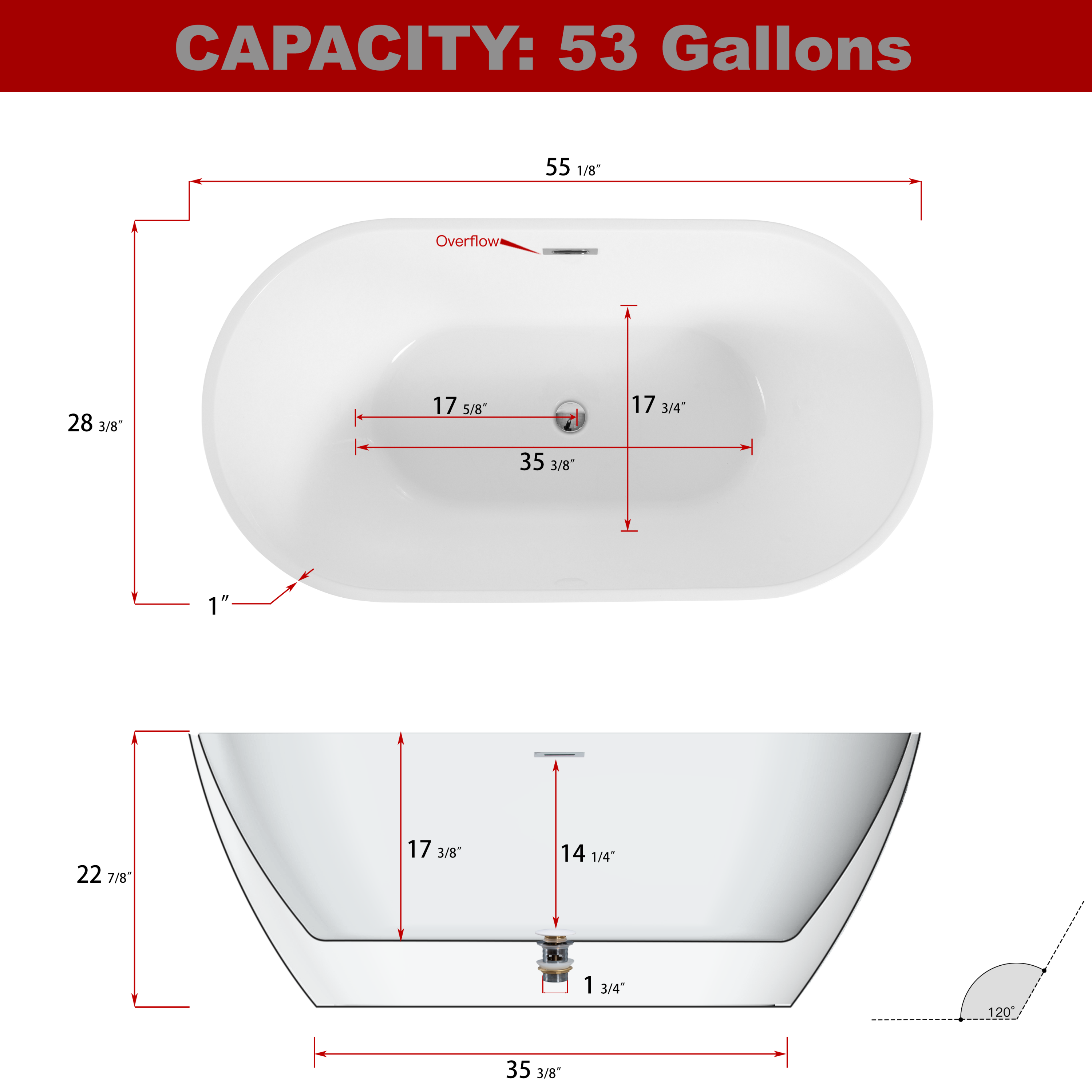 55" Sleek White Acrylic Freestanding Soaking Bathtub with Chrome Overflow and Drain, CUPC Certified - 55*28.35, Glossy White 22A09-55