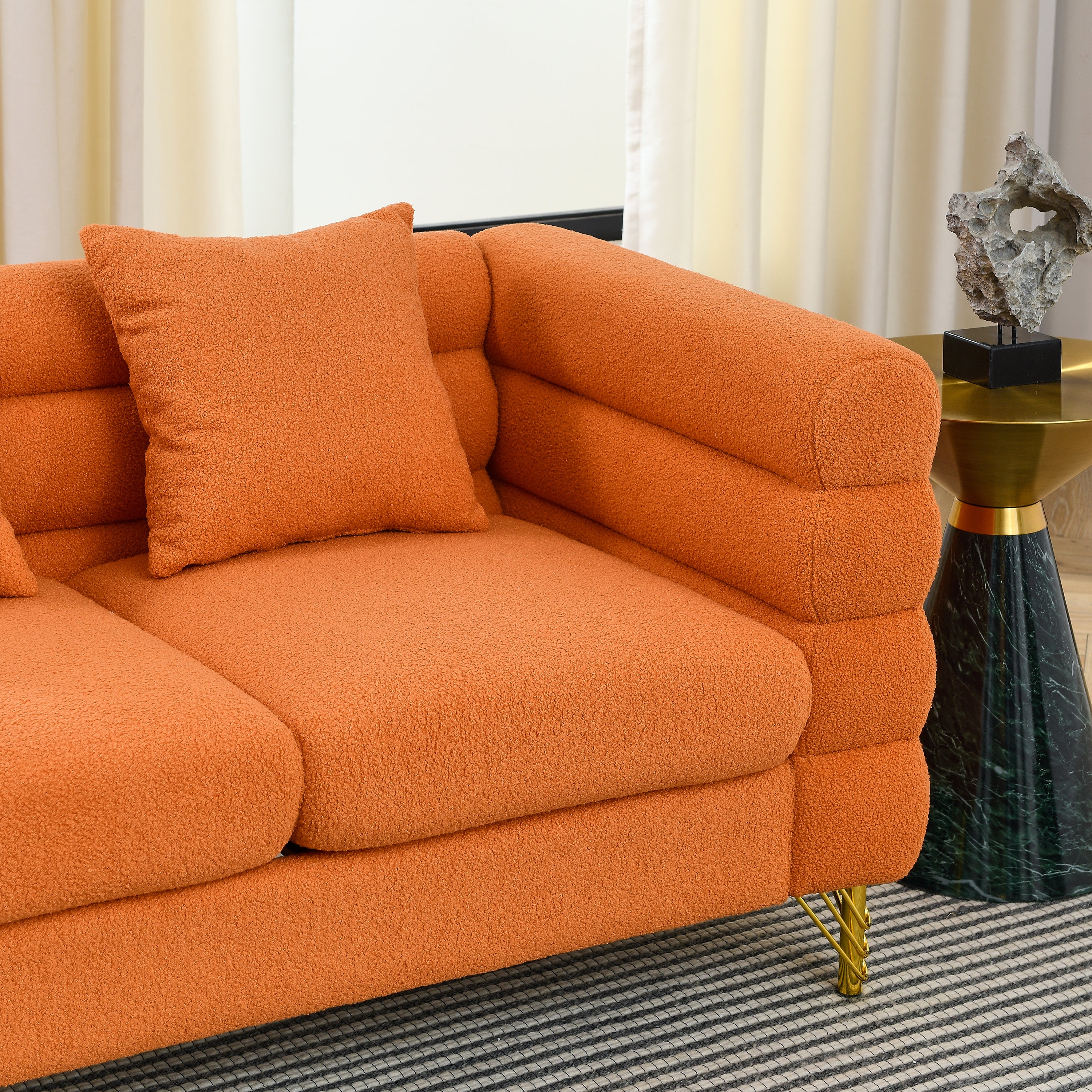 60Inch Oversized 2 Seater Sectional Sofa, Living Room Comfort Fabric Sectional Sofa-Deep Seating Sectional Sofa, Soft Sitting with 2 Pillows for Living Room,Bedroom,Office,Orange teddy(W834S00031)