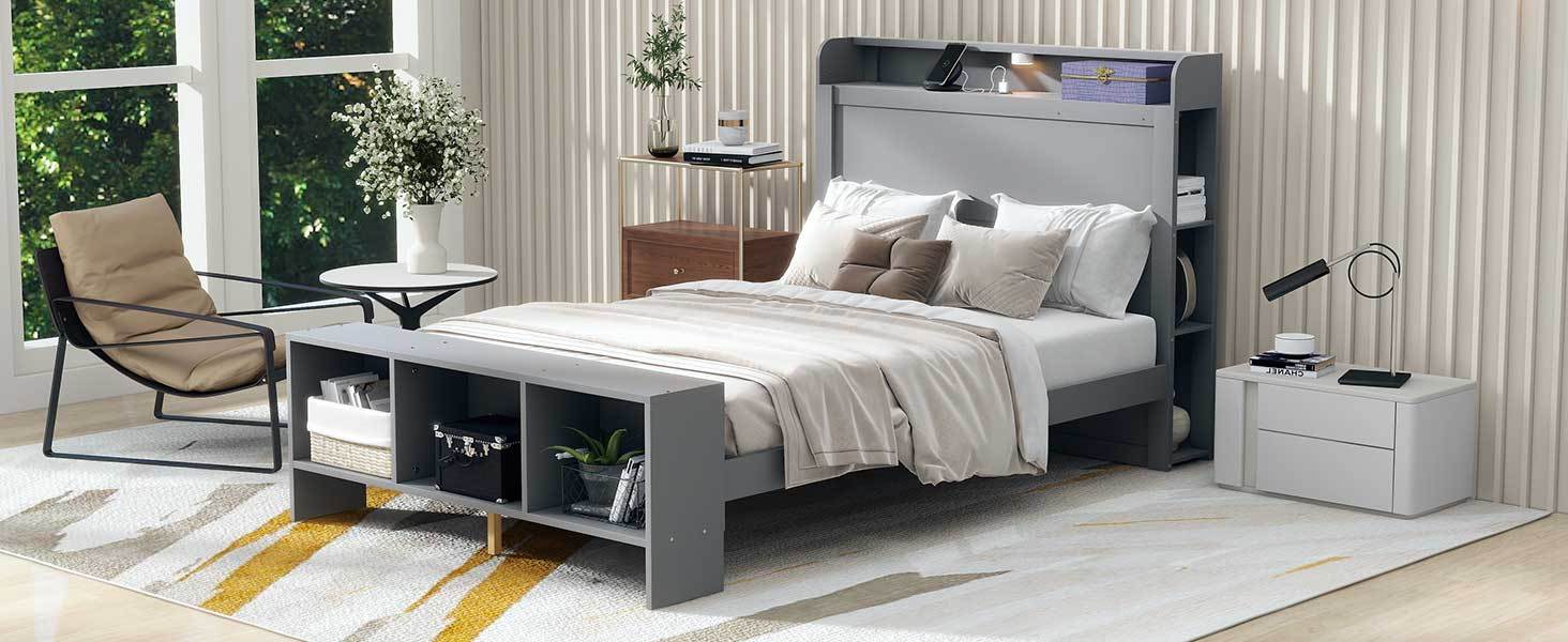 Full Size Platform Bed with built-in shelves, LED Light and USB ports, Gray