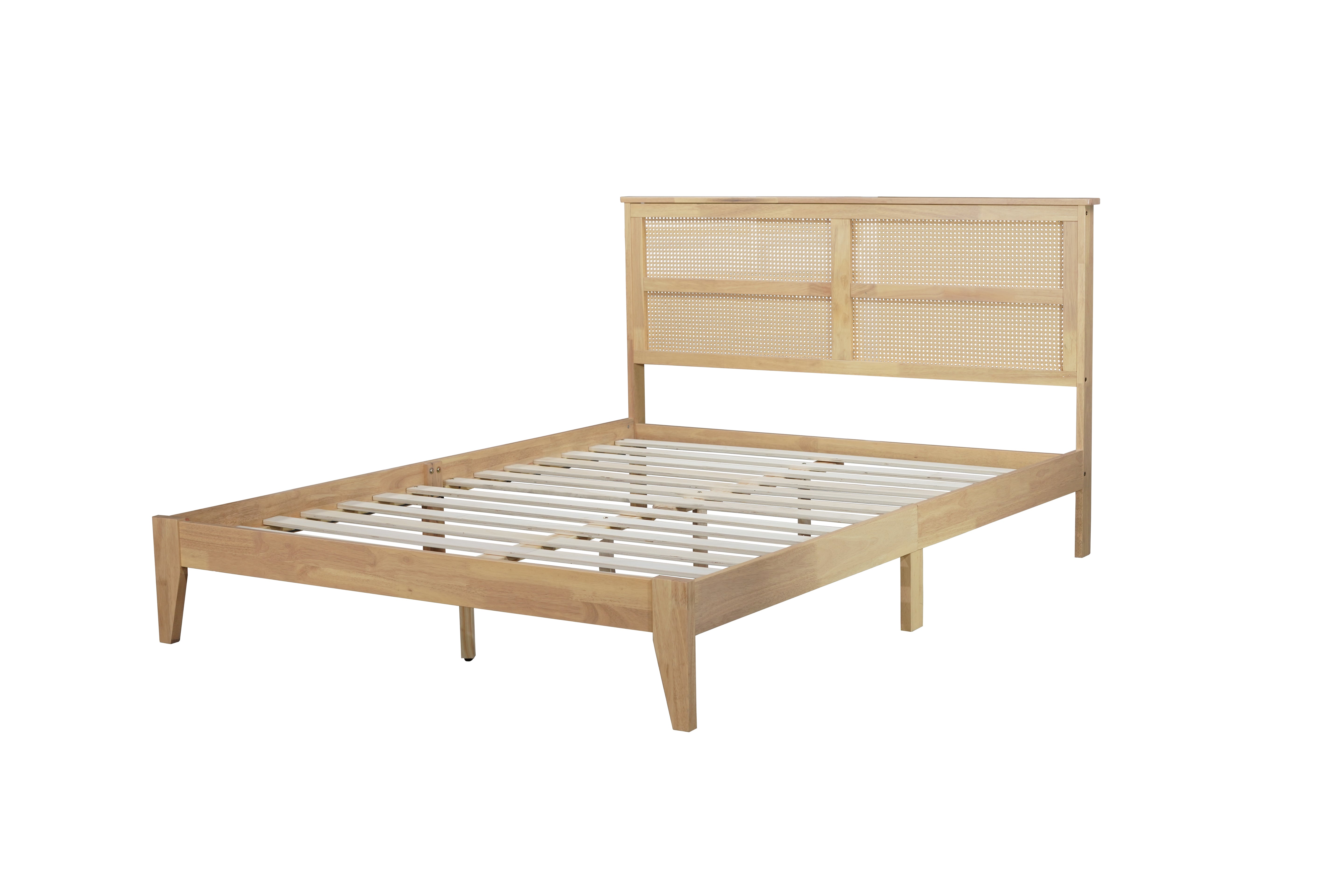 Queen solid wood bed with natural rattan headboard, front view