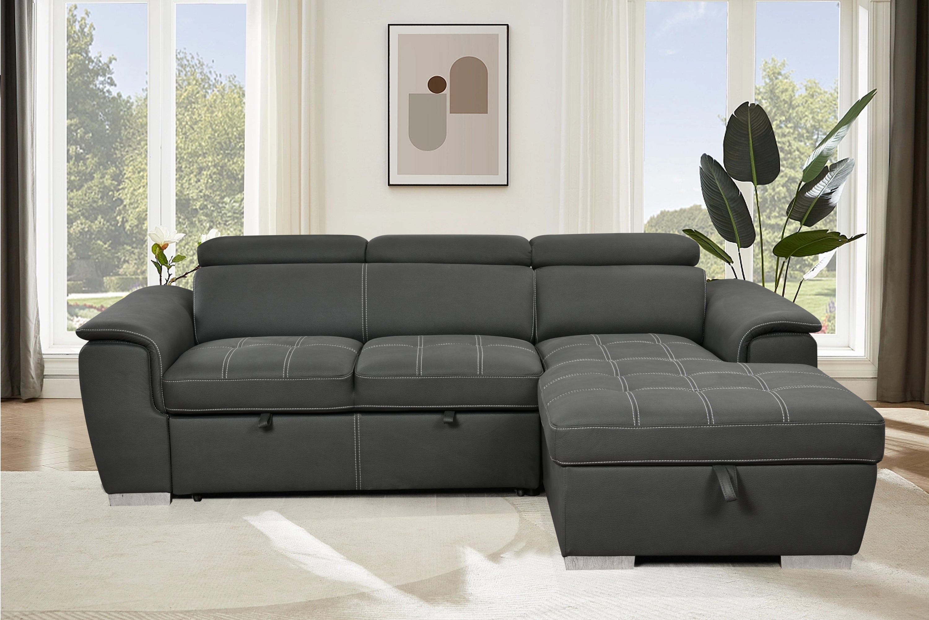 97 inch Convertible Sectional Sofa with Storage Chaise, Adjustable Headrests, Contemporary L-shaped Sleeper Corner Sectional Sofa with a Pull-Out Bed ,Gray