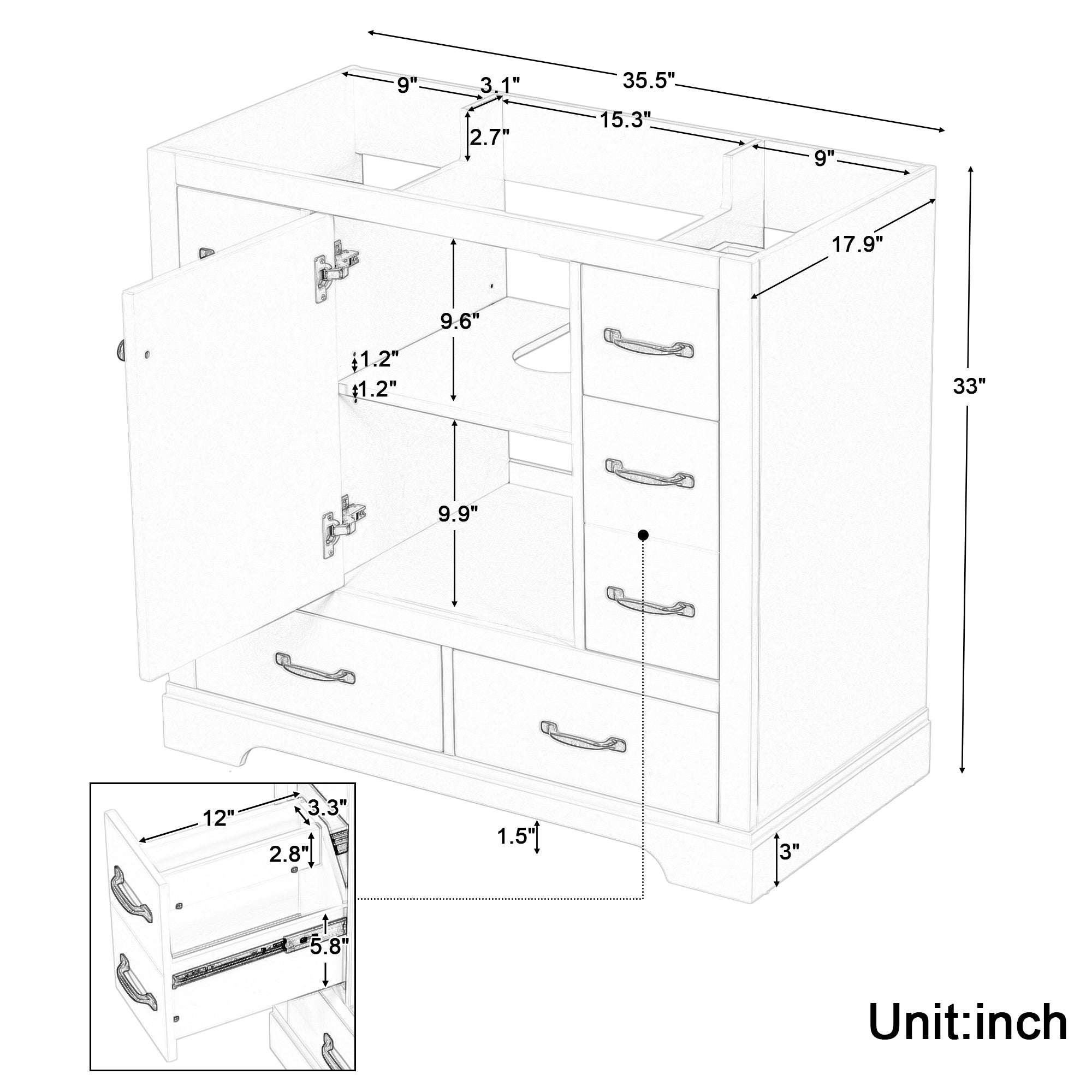 36" Bathroom Vanity without Sink, Cabinet Base Only, Six Drawers, Multi-Functional Drawer Divider, Adjustable Shelf, Grey