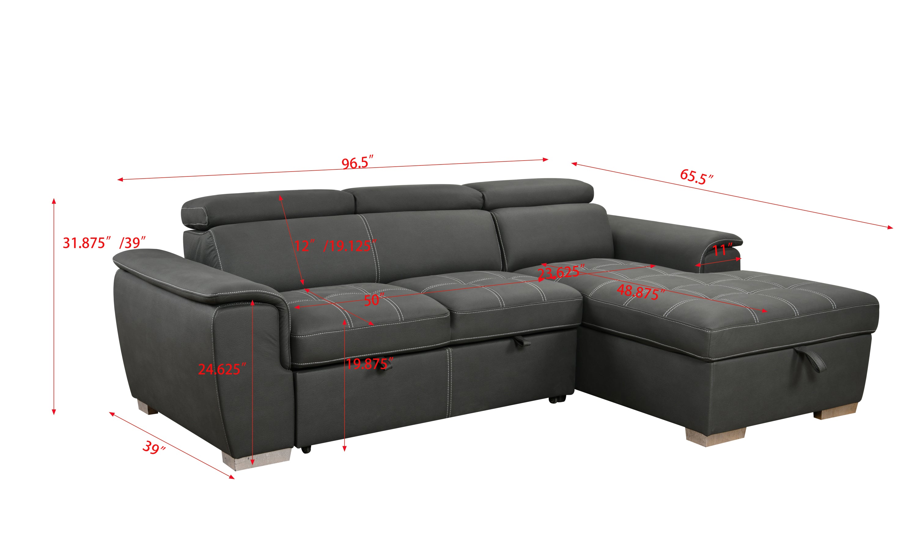 97 inch Convertible Sectional Sofa with Storage Chaise, Adjustable Headrests, Contemporary L-shaped Sleeper Corner Sectional Sofa with a Pull-Out Bed ,Gray