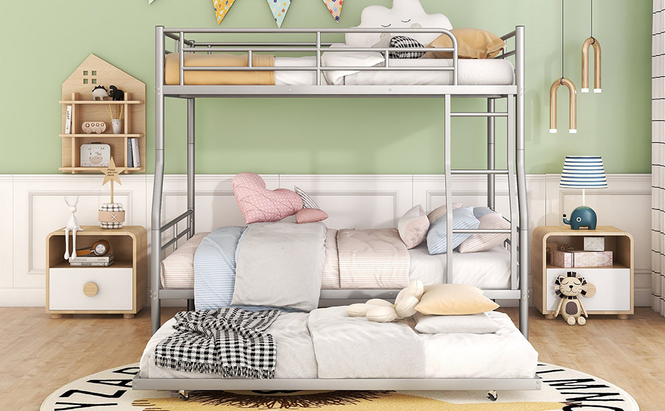 Full XL Over Queen Metal Bunk Bed with Trundle, Silver