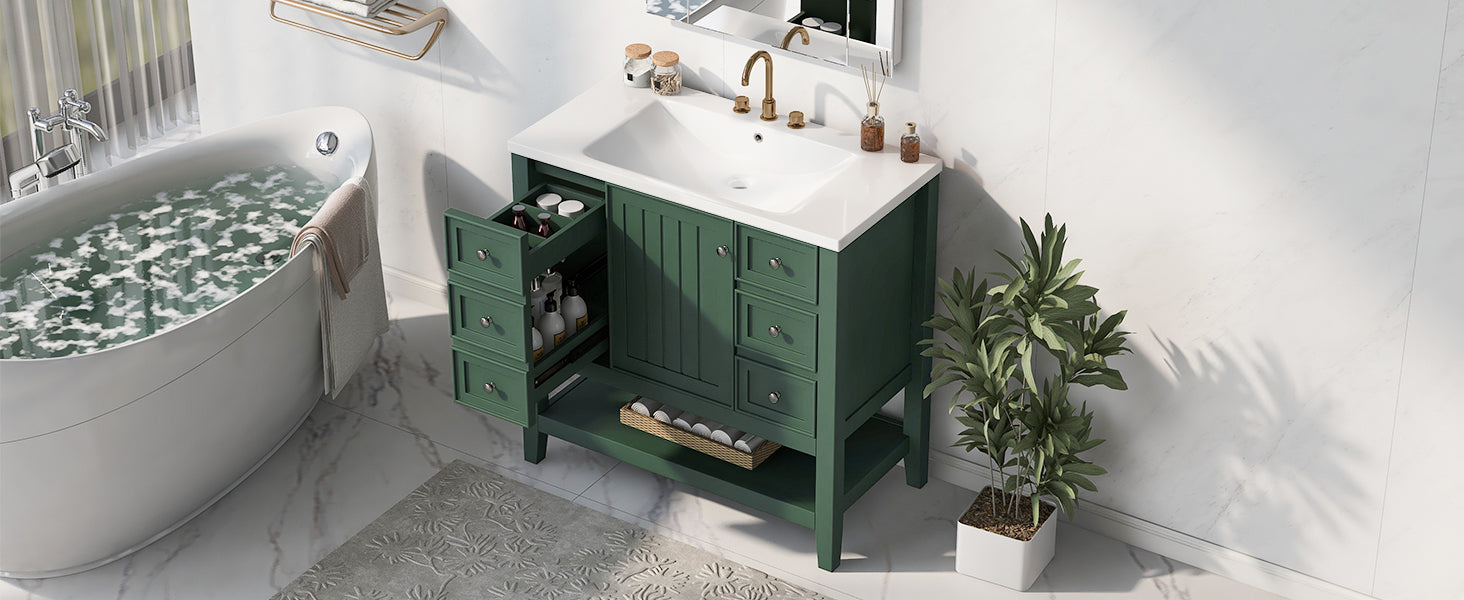 36" Bathroom Vanity with Sink Combo, One Cabinet and Three Drawers, Solid Wood and MDF Board, Green