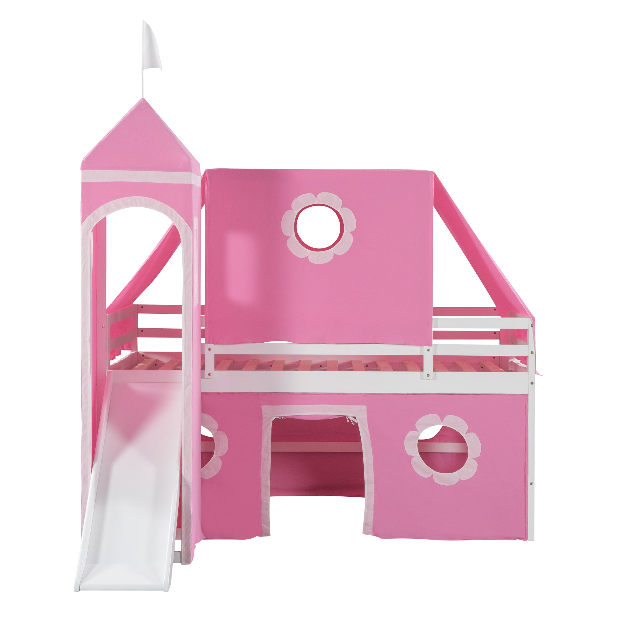 Twin Size Loft Bed with Slide Pink Tent and Tower - Pink