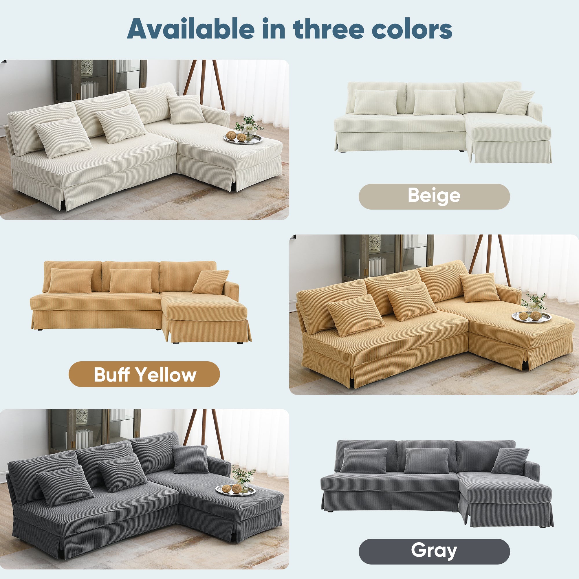 [VIDEO provided][New]87*61"Modern L-shaped Corduroy Sofa with Reversible Chaise,4-seat Upholstered Sectional Indoor Furniture,Convertible Sleeper Couch with Pillows for Living Room,Apartment,3 Colors