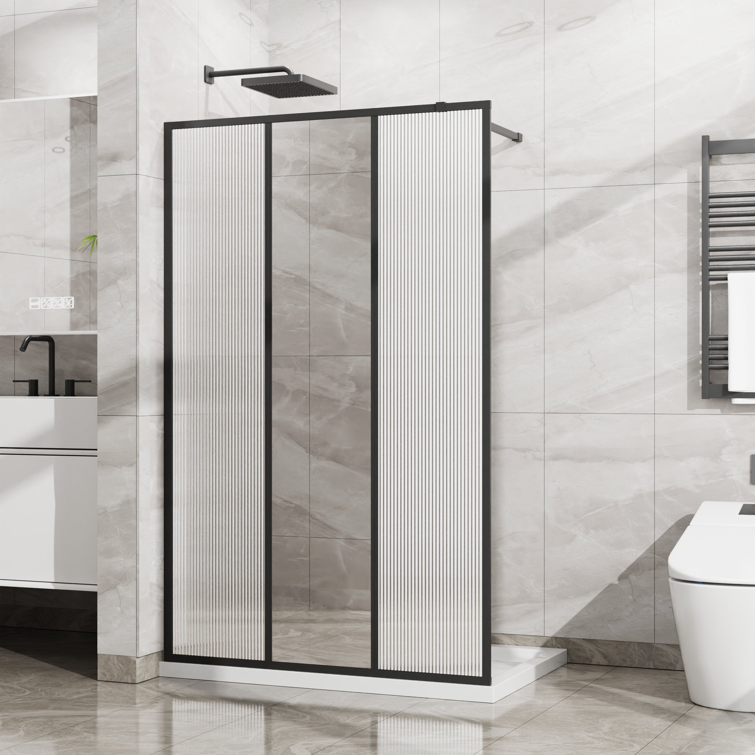 34-46 x 72 in Mirror & Fluted Fixed Shower Panel - 46 x 72 in / Matte Black view 1