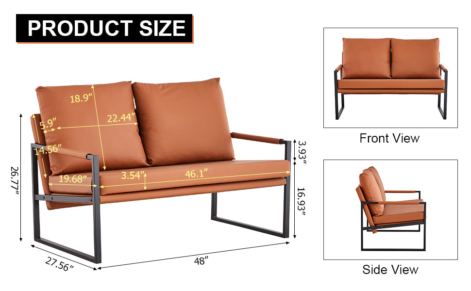 Modern Two-Seater Sofa Chair with 2 Pillows - PU Leather, High-Density Foam, Black Coated Metal Frame.Brown  SF-D008