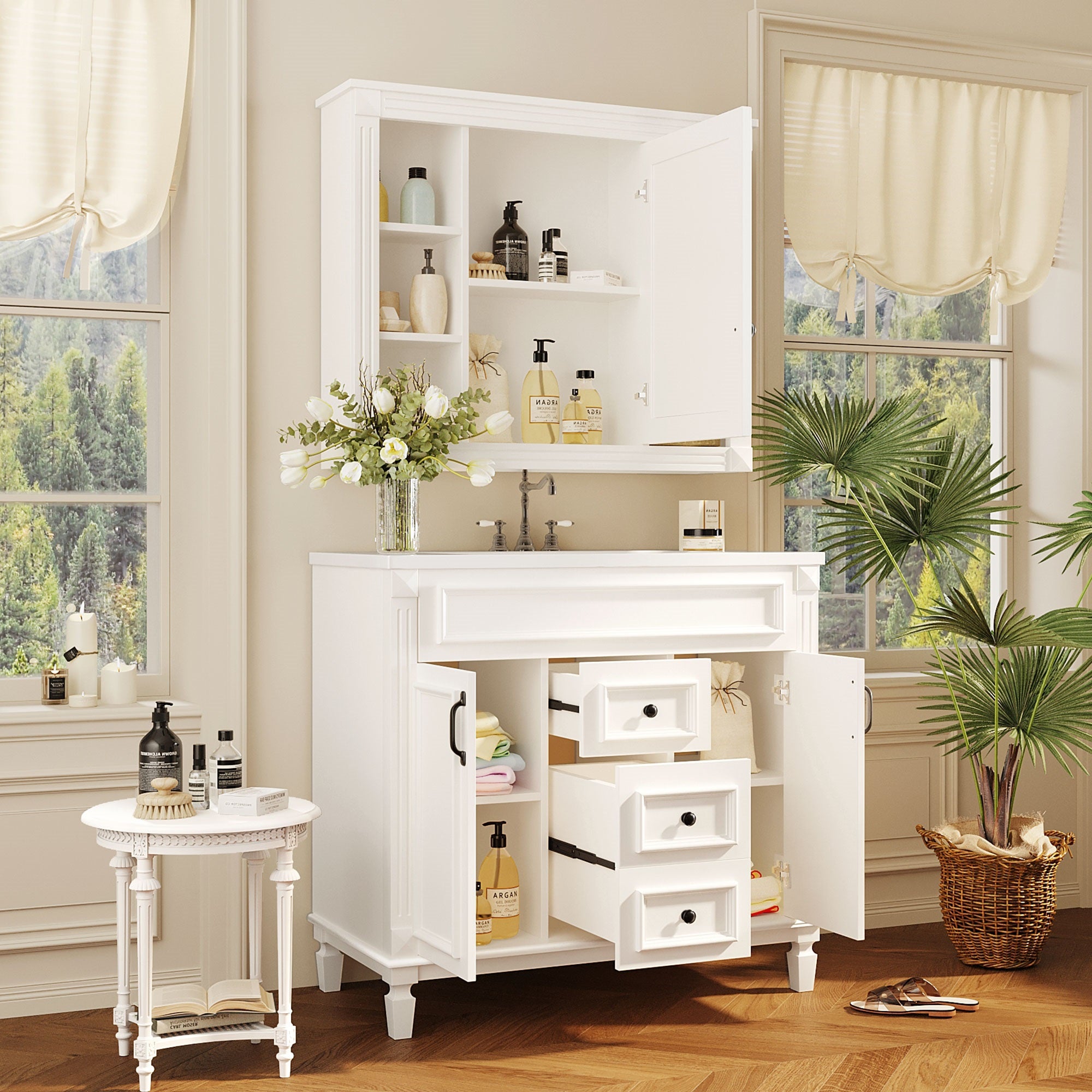 36 inch modern bathroom vanity with top sink and soft-close doors, angled view