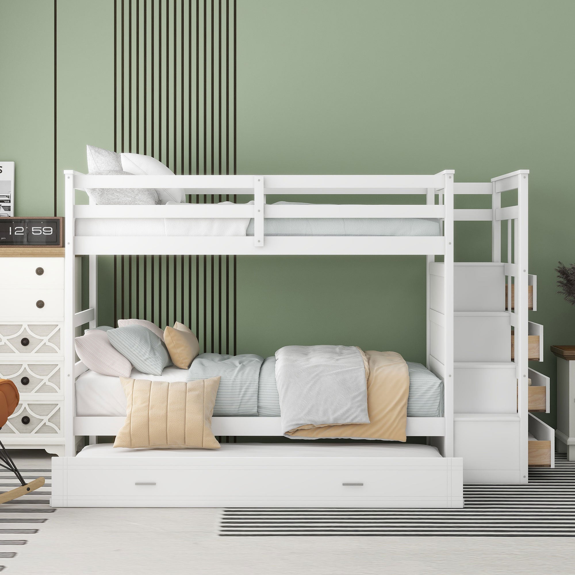 Twin Over Twin Bunk Bed with Trundle and Staircase,White(OLD SKU:LT000068AAK)