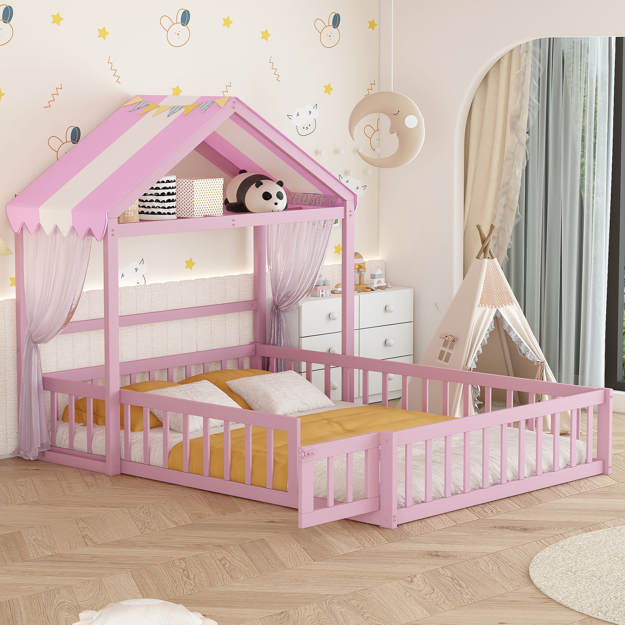 Wooden Floor Bed with Fence Railings and Detachable House Shape Headboard,Full Size Bed with Kids Dress Up Rack, Kids Montessori Style Playhouse Frame for Girls Boys, Pink