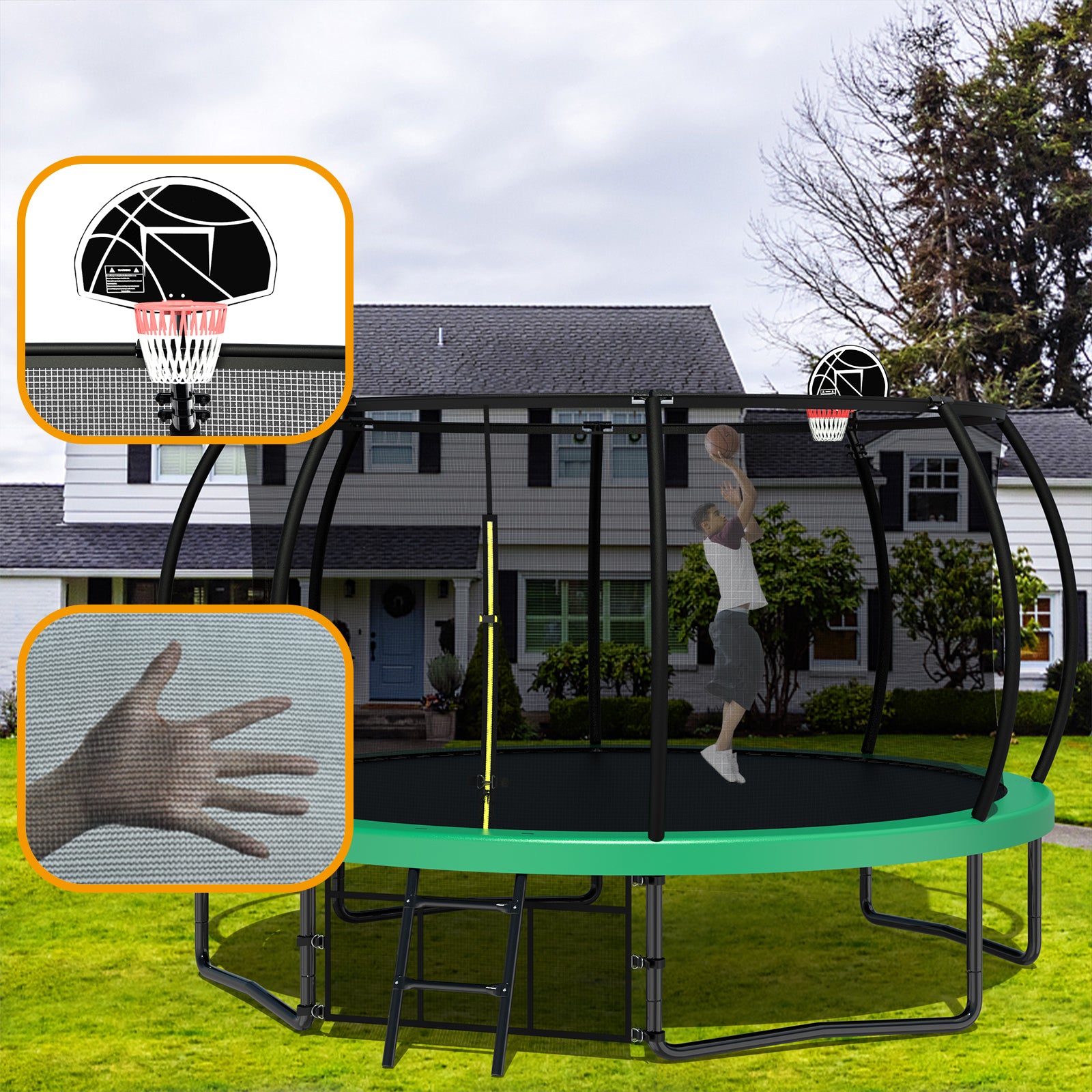 12FT Recreational Kids Trampoline with Safety Enclosure Net & Ladder, Outdoor Recreational Trampolines