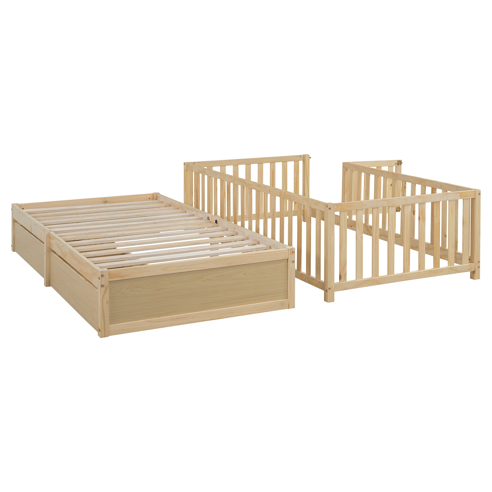 Twin Size Wood Daybed with Fence Guardrails and 2 Drawers, Split into Independent Floor Bed & Daybed, Natural(OLD SKU :LP000881AAN)