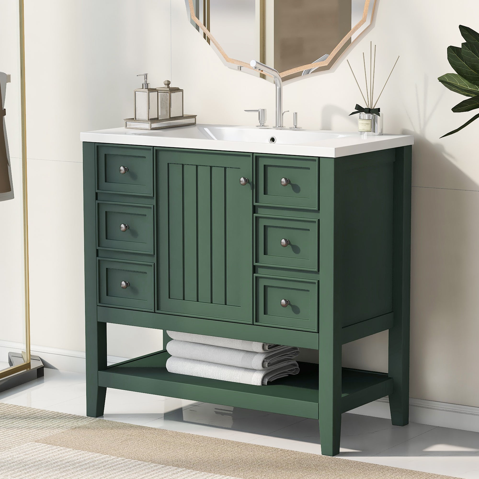 36" Bathroom Vanity with Sink Combo, One Cabinet and Three Drawers, Solid Wood and MDF Board, Green